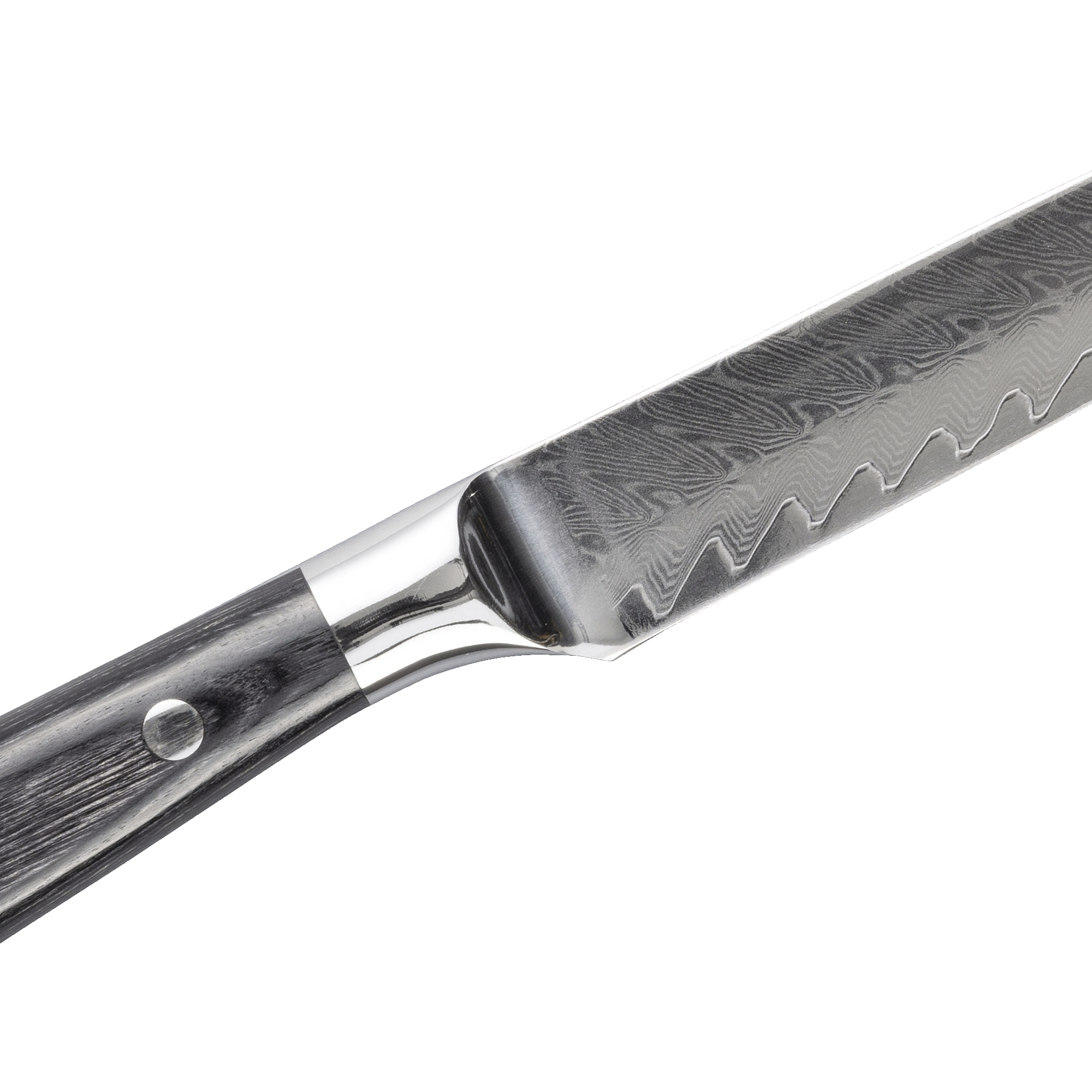 4-piece steak knife set by Messermeister Avanta Damascus highlighting Damascus blade texture and ebony pakkawood handles