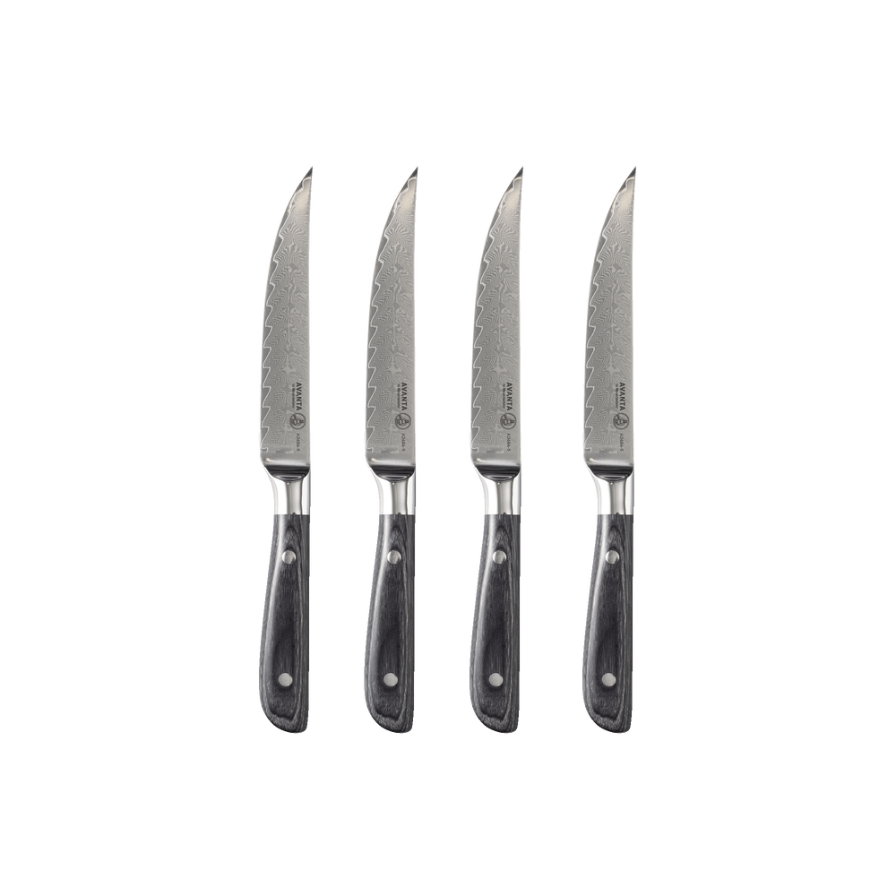 Messermeister Avanta Damascus 4-piece fine edge steak knife set with ebony pakkawood handles and fishbone Damascus blades