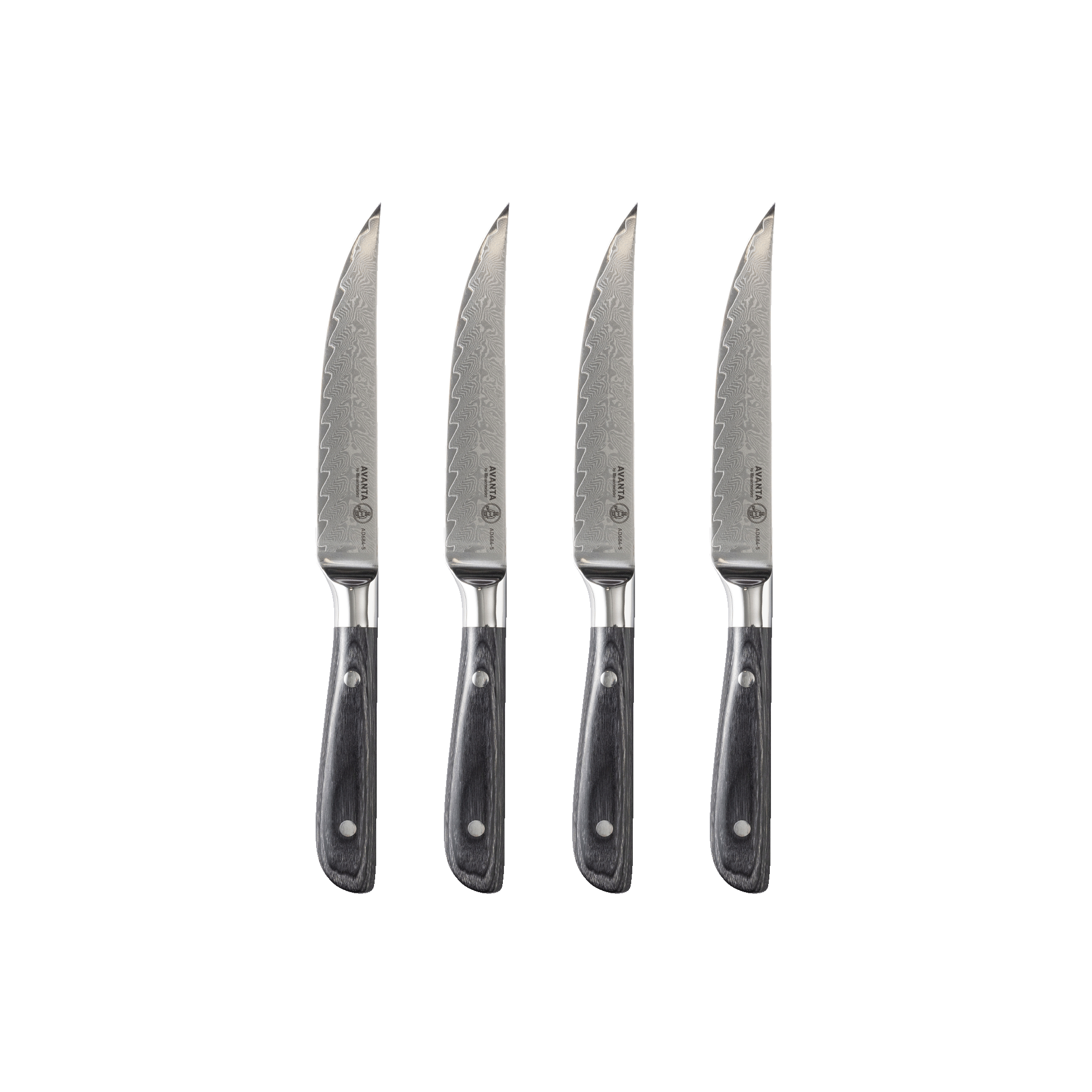 Messermeister Avanta Damascus 4-piece fine edge steak knife set with ebony pakkawood handles and fishbone Damascus blades