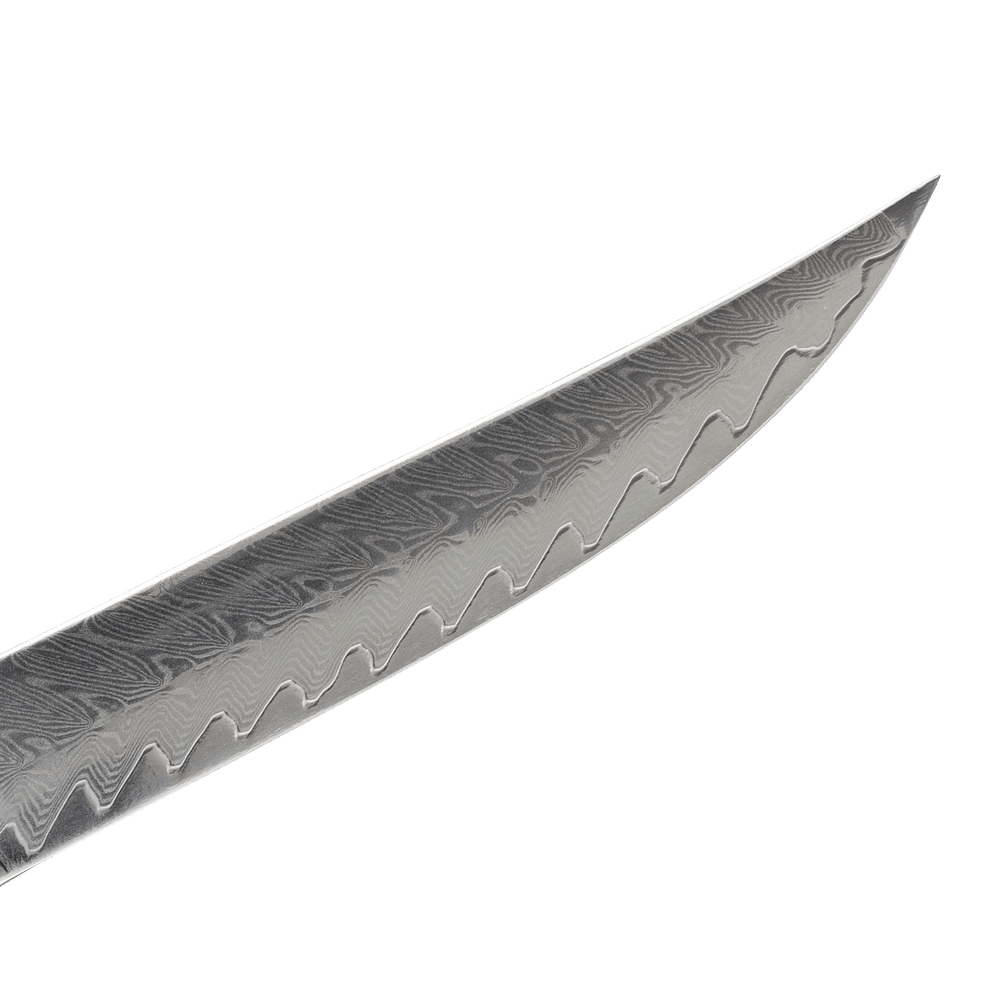 Messermeister Avanta Damascus steak knife tip close-up highlighting fishbone Damascus steel pattern