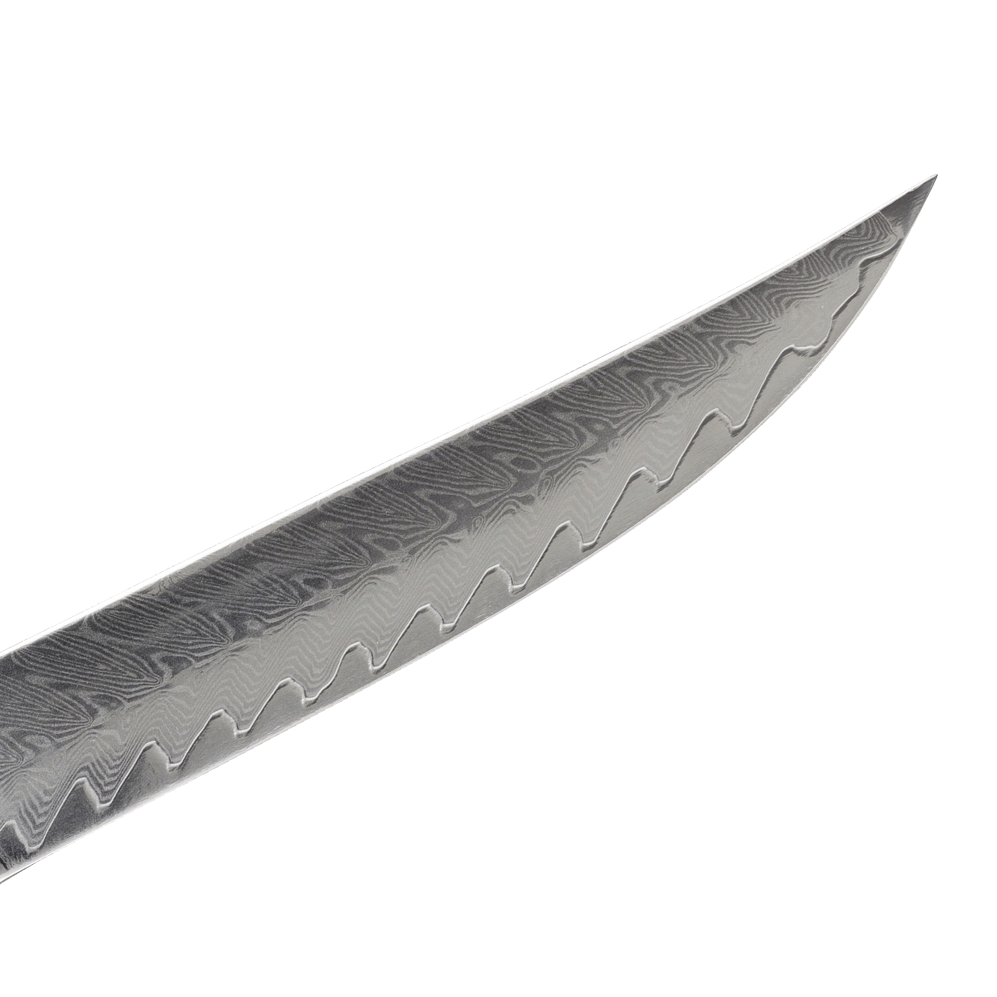 Messermeister Avanta Damascus steak knife tip close-up highlighting fishbone Damascus steel pattern