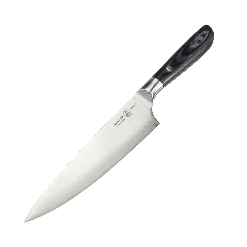 Angled view of Messermeister Avanta Damascus chef knife showing fishbone Damascus pattern and ebony pakkawood handle