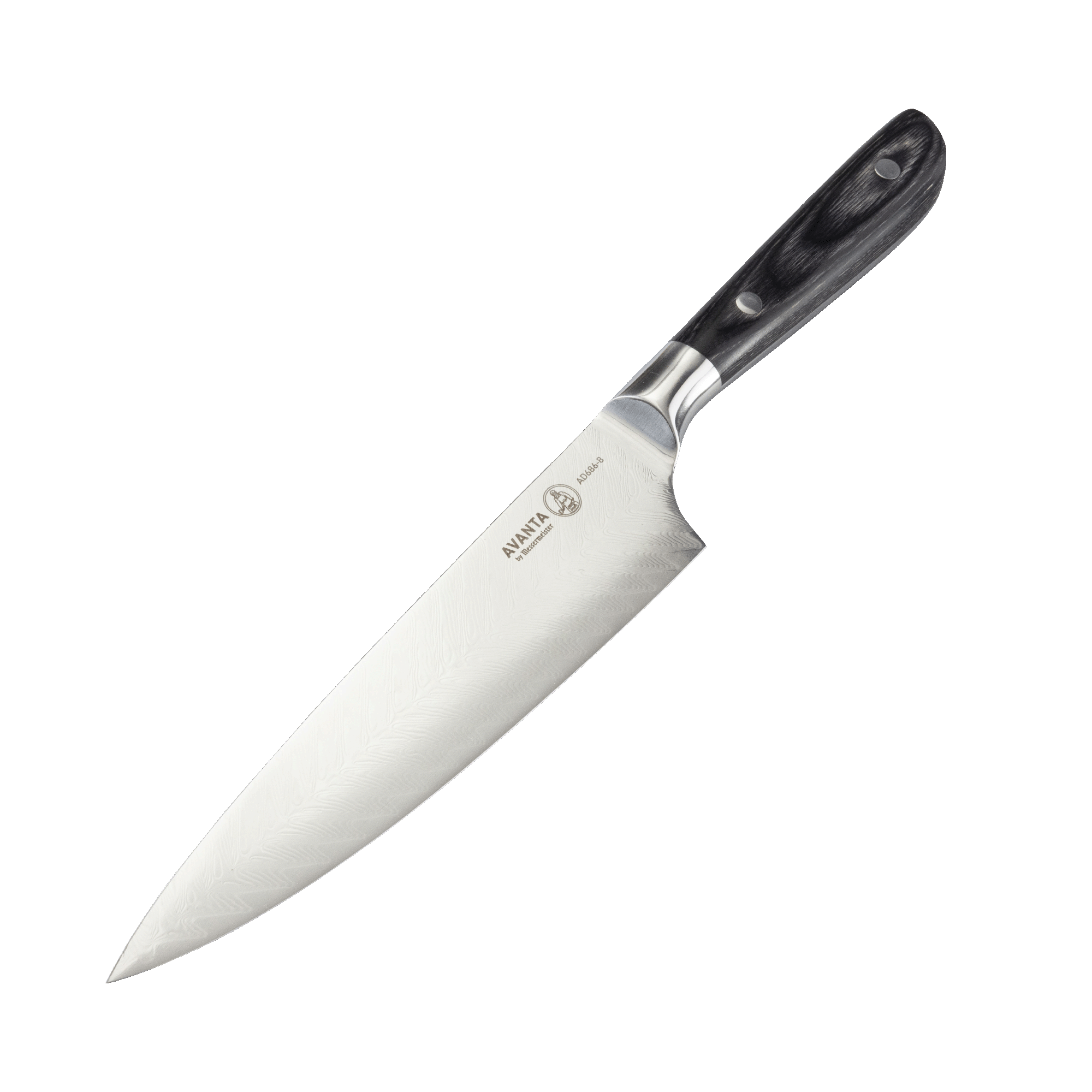 Angled view of Messermeister Avanta Damascus chef knife showing fishbone Damascus pattern and ebony pakkawood handle