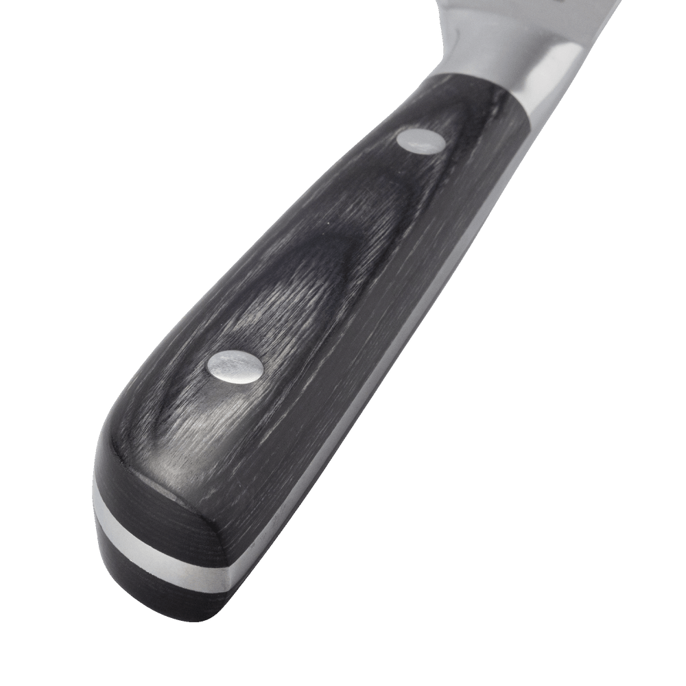 Messermeister Avanta Damascus chef knife handle close-up with ebony pakkawood texture