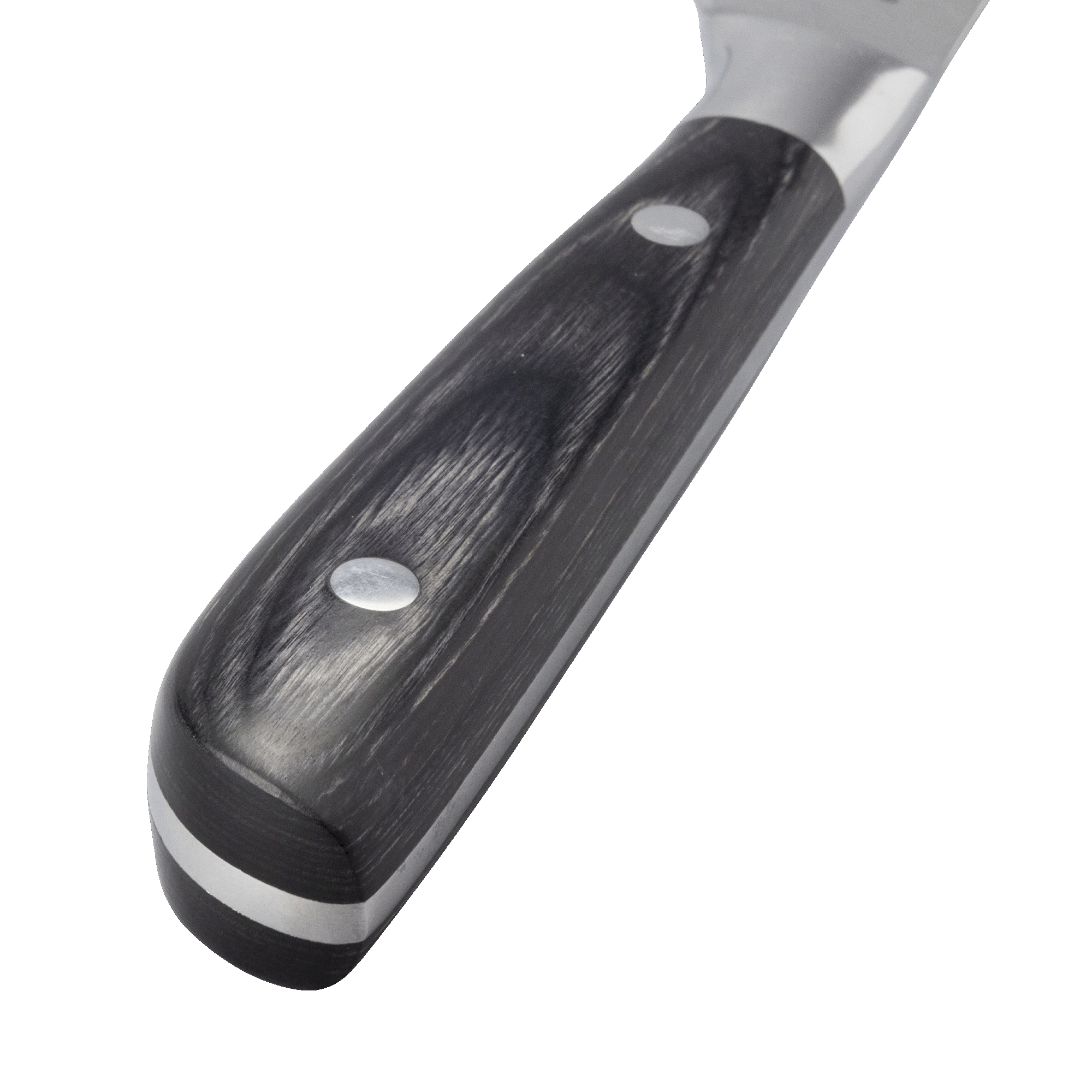 Messermeister Avanta Damascus chef knife handle close-up with ebony pakkawood texture