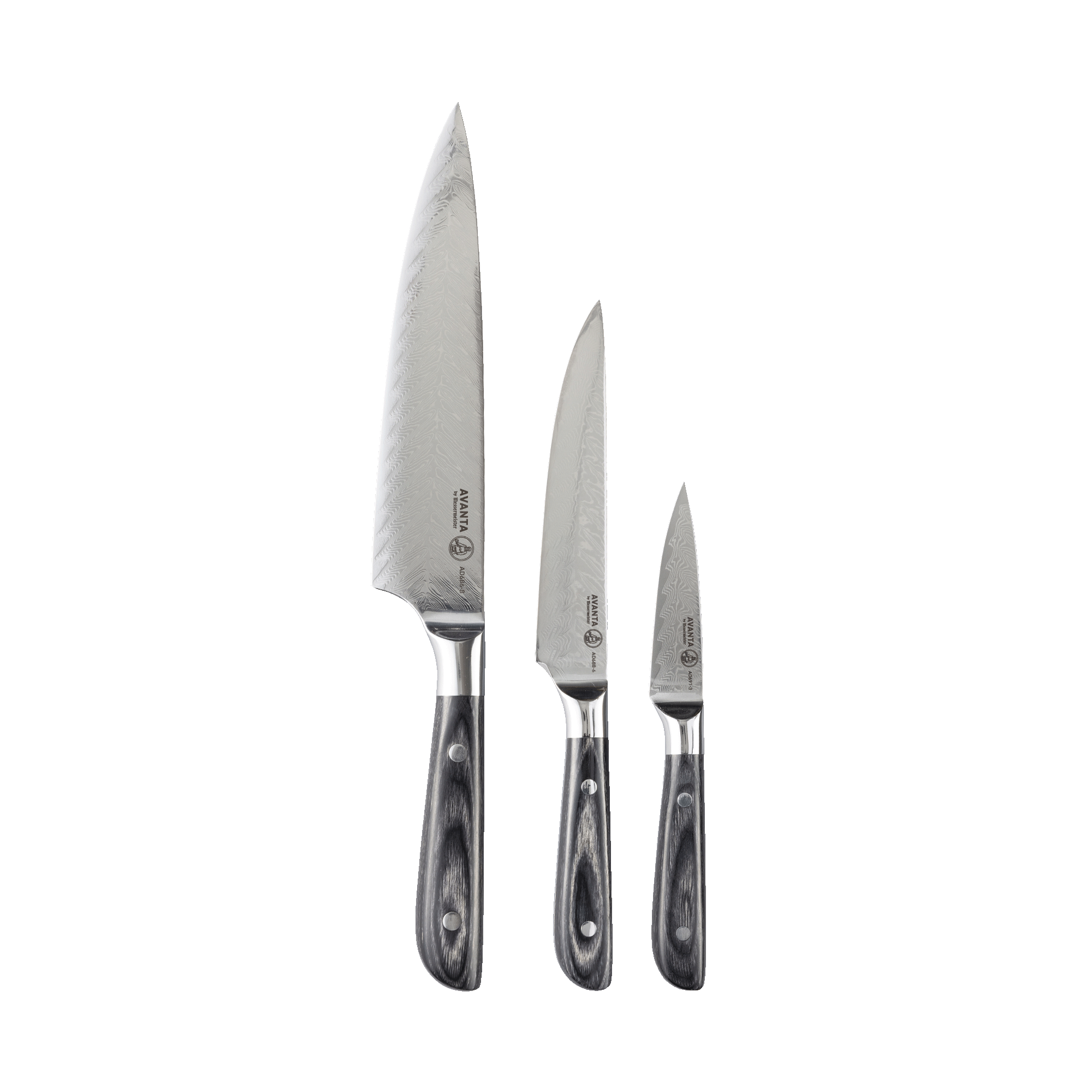 Messermeister Avanta Damascus 3-piece starter set with chef, utility, and paring knives with ebony pakkawood handles