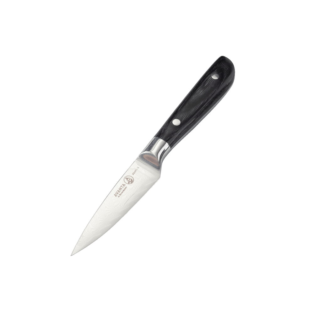 Angled view of Messermeister Avanta Damascus paring knife showing fishbone Damascus pattern and ebony pakkawood handle