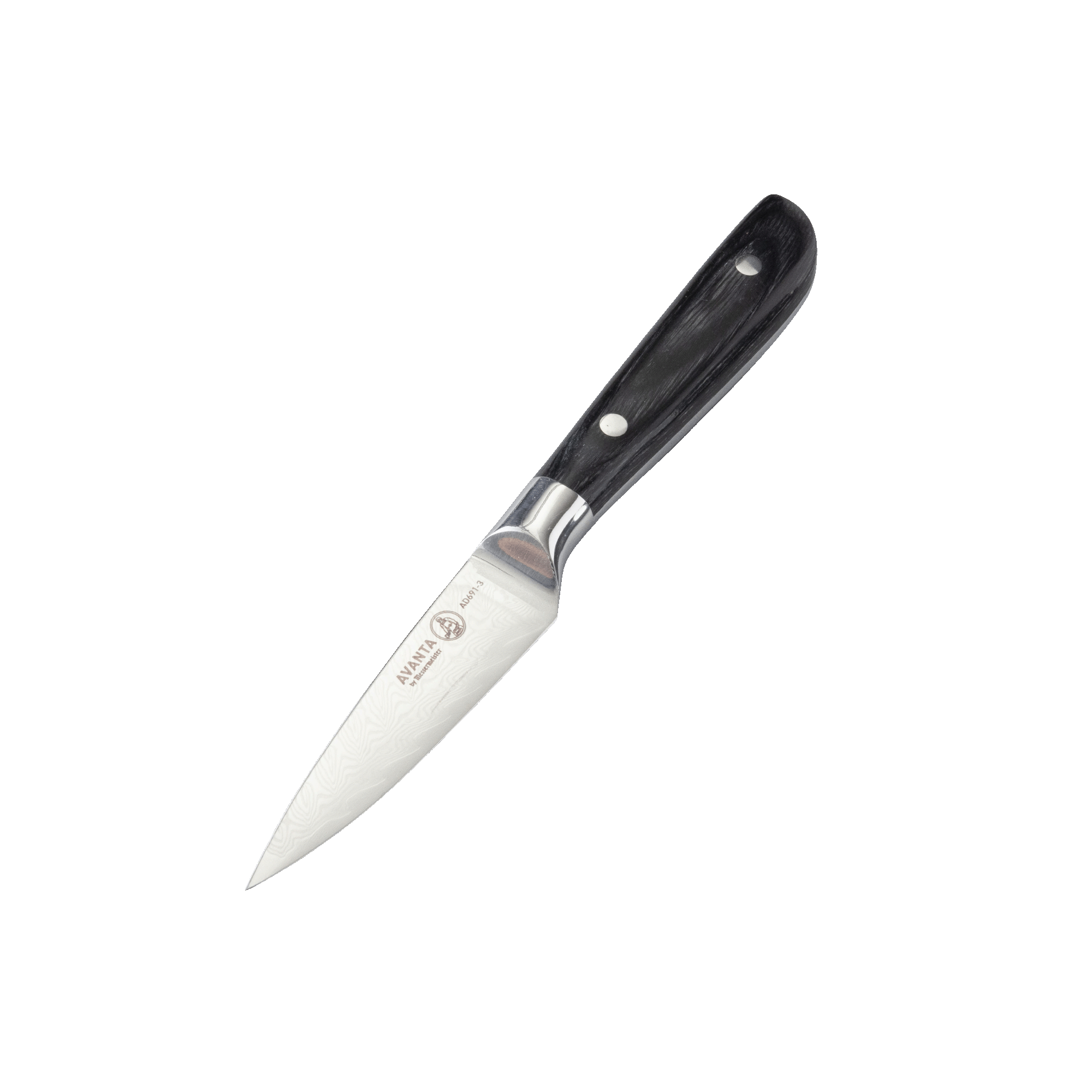 Angled view of Messermeister Avanta Damascus paring knife showing fishbone Damascus pattern and ebony pakkawood handle