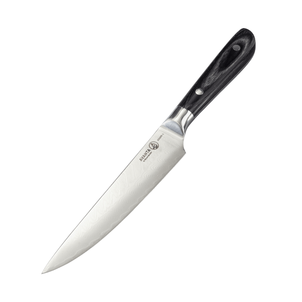 Angled view of Messermeister Avanta Damascus utility knife showing fishbone Damascus pattern and ebony pakkawood handle