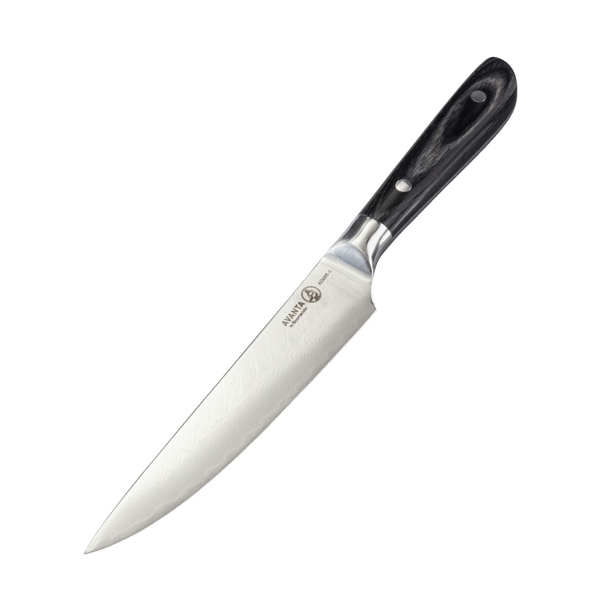 Angled view of Messermeister Avanta Damascus utility knife showing fishbone Damascus pattern and ebony pakkawood handle