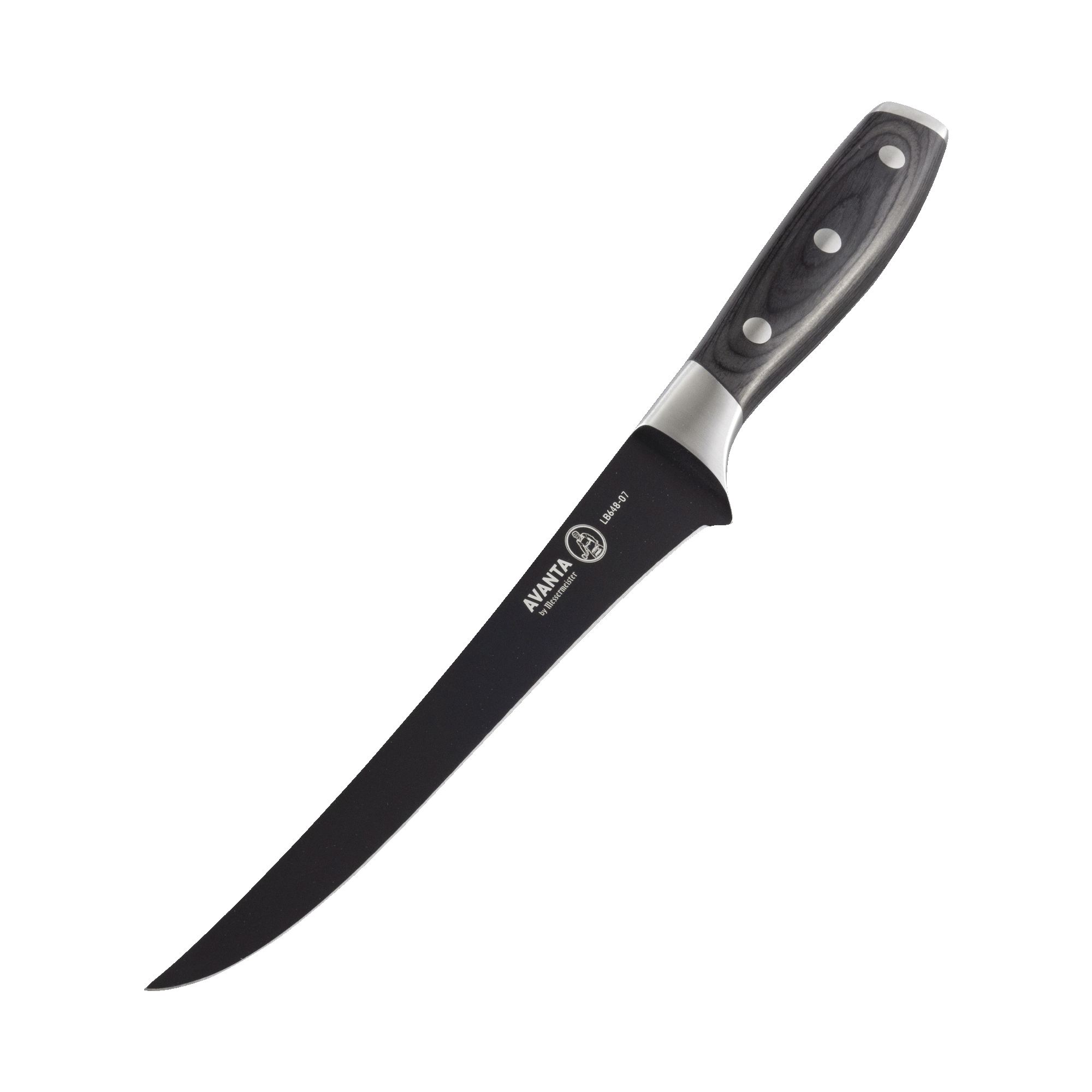 Messermeister Avanta Kendrick BBQ fillet knife angled down highlighting black blade with silver edge and ebony pakkawood handle
