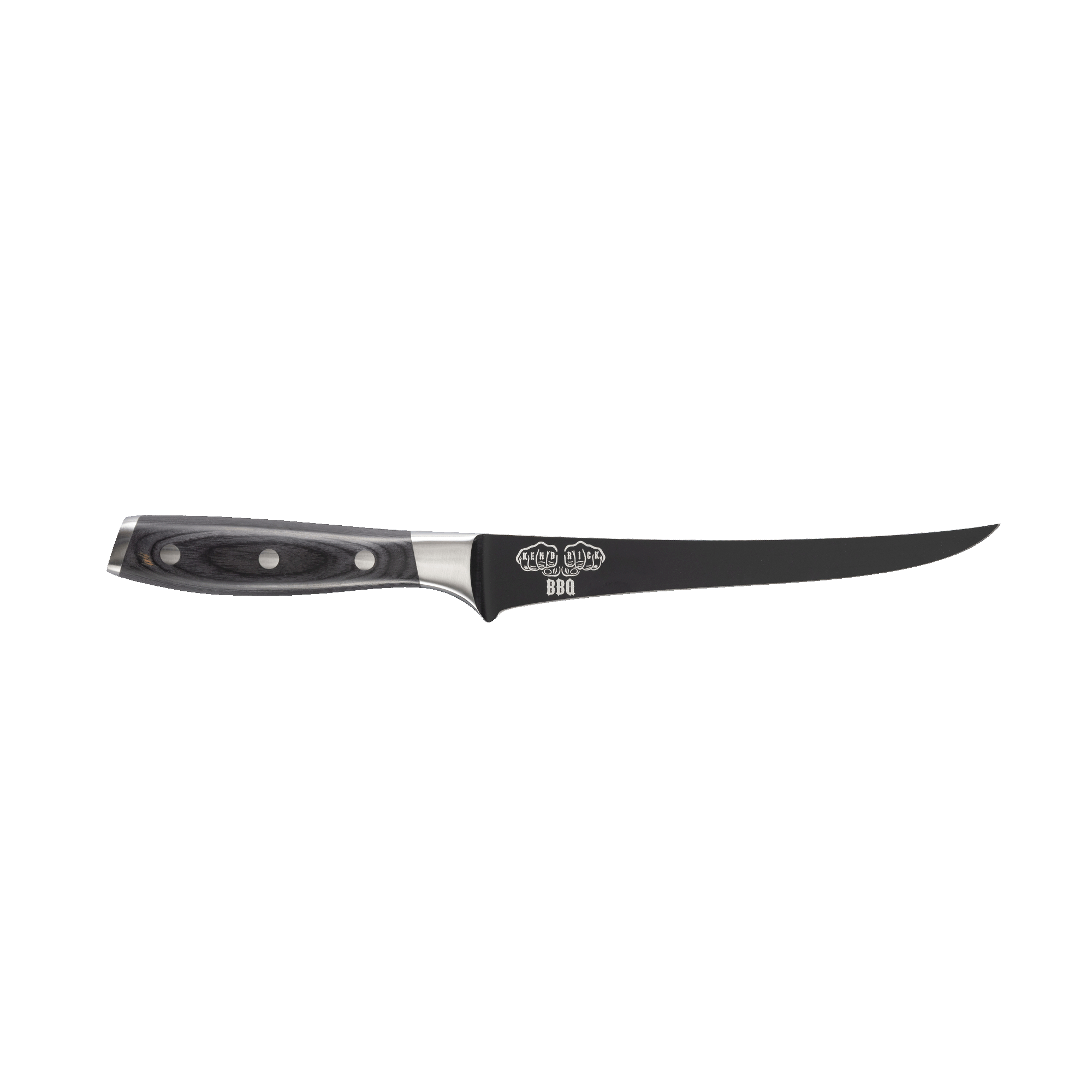 Messermeister Avanta Kendrick BBQ fillet knife back view showing Bennie Kendrick knuckles logo on black blade with silver edge and ebony pakkawood handle