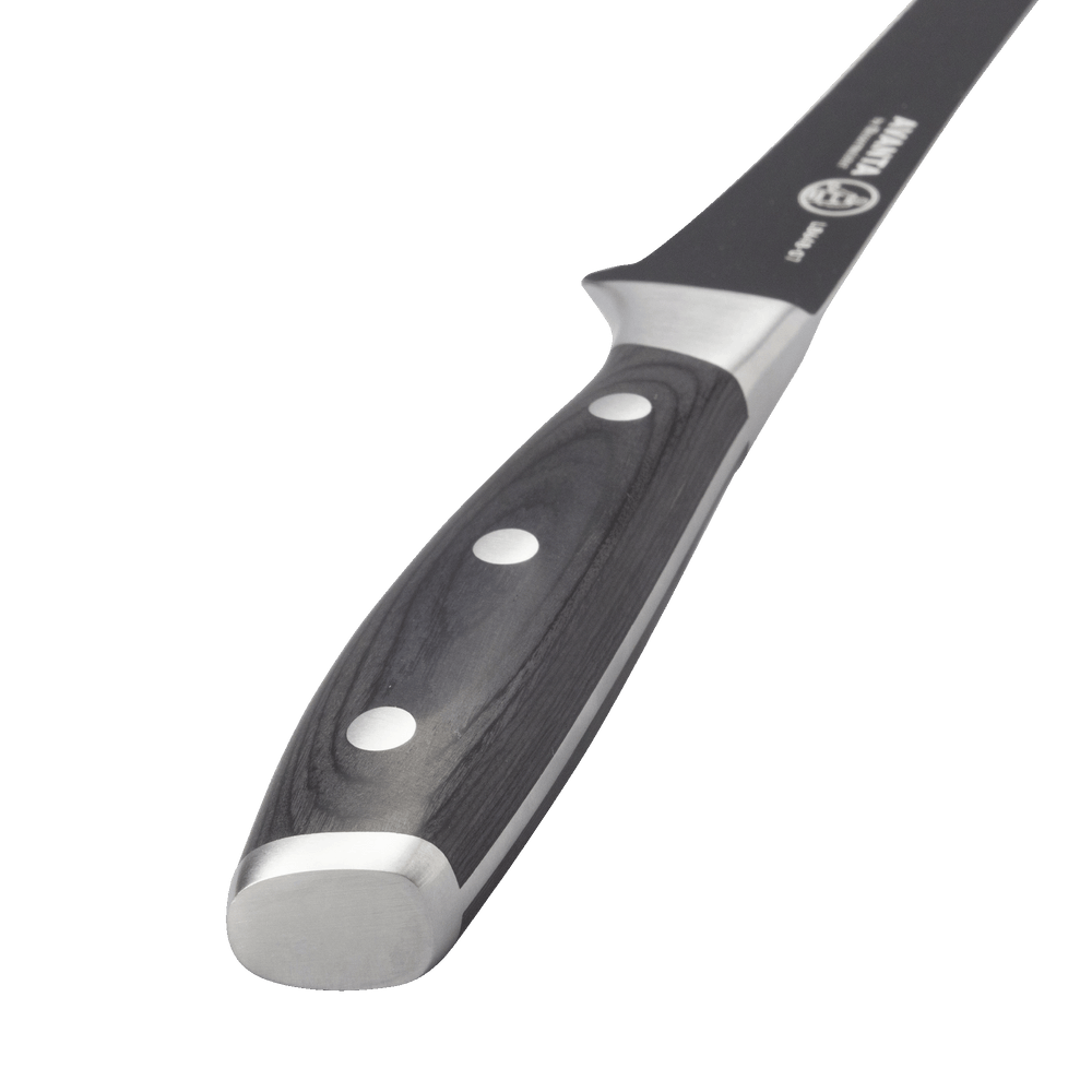 Messermeister Avanta Kendrick fillet BBQ knife handle close-up showing ebony pakkawood grain