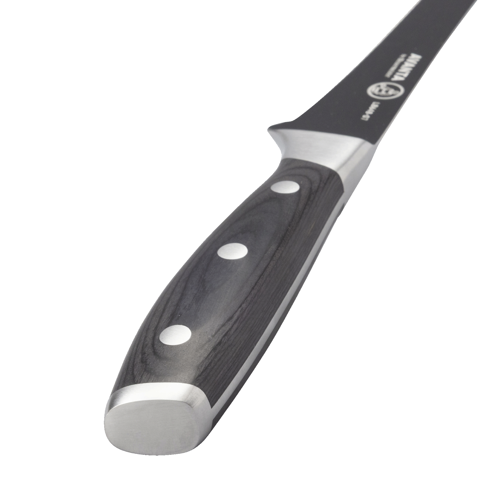 Messermeister Avanta Kendrick fillet BBQ knife handle close-up showing ebony pakkawood grain