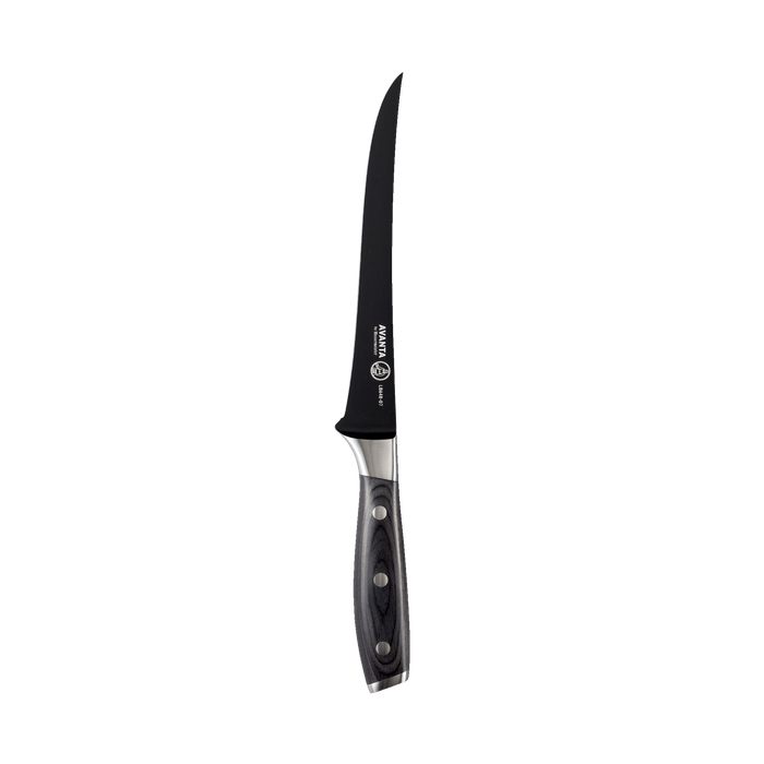 Messermeister Avanta Kendrick BBQ fillet knife with black blade, silver edge, and ebony pakkawood handle