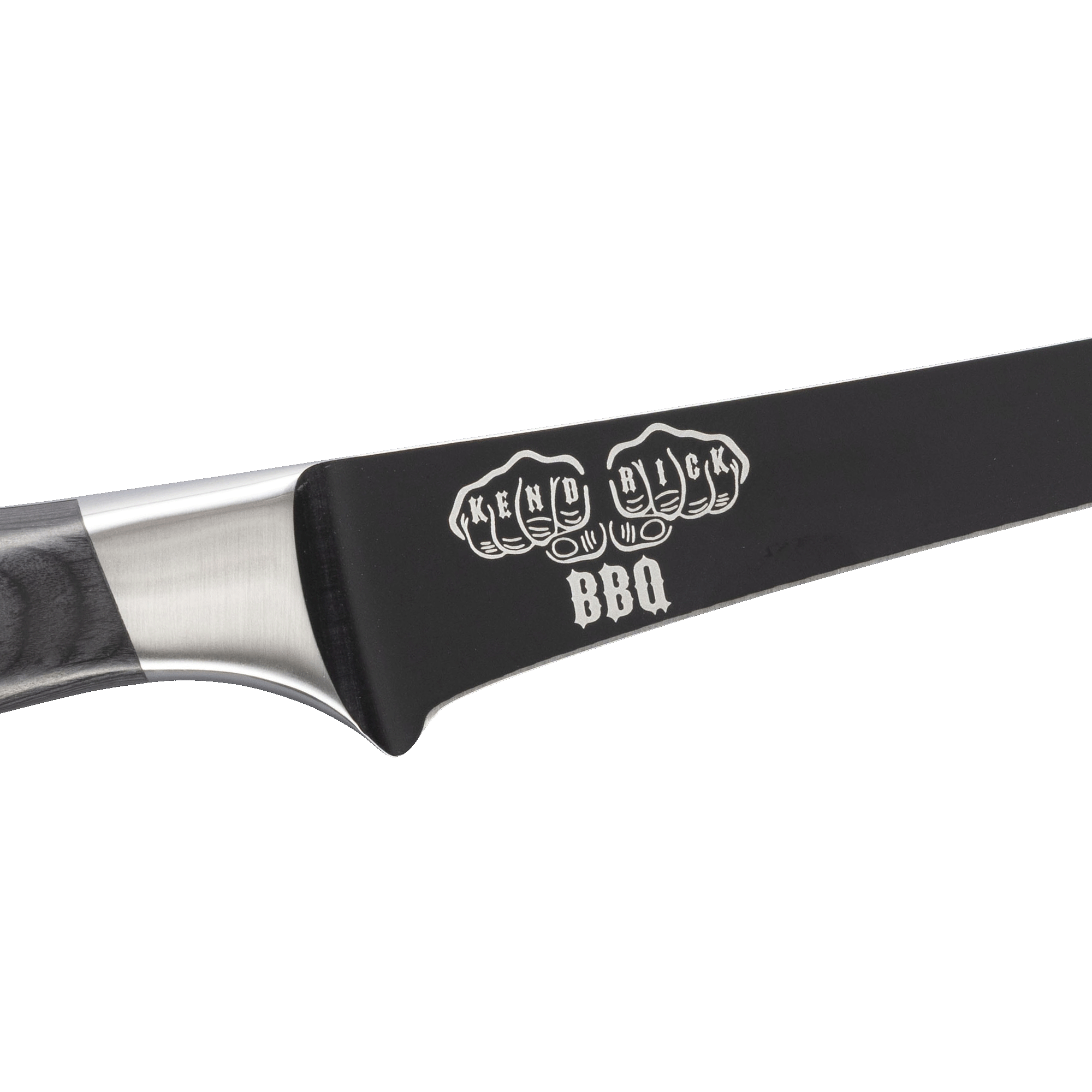 Close-up of Messermeister Avanta Kendrick BBQ fillet knife showing Bennie Kendrick knuckles logo on black blade with silver edge