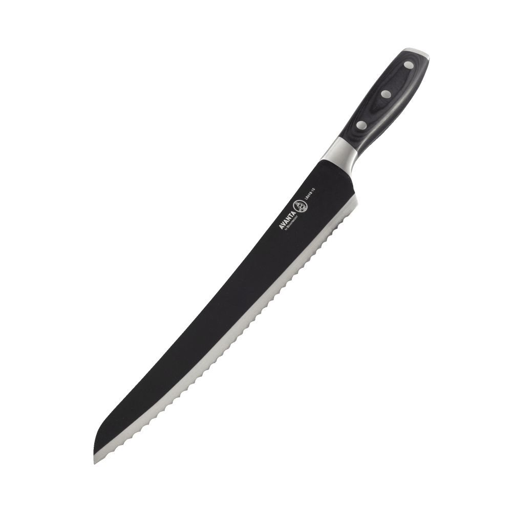 Messermeister Avanta Kendrick BBQ Scalloped Brisket Knife angled down showcasing scalloped edge 
