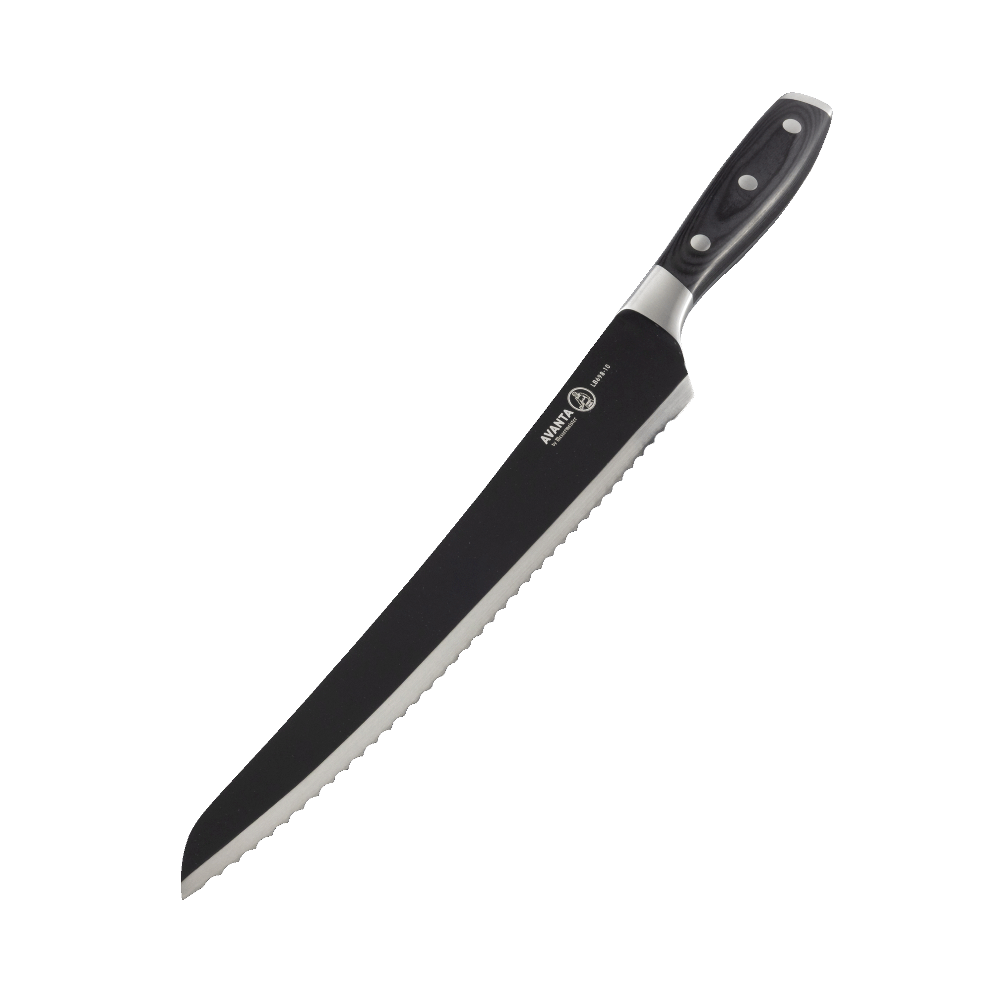 Messermeister Avanta Kendrick BBQ Scalloped Brisket Knife angled down showcasing scalloped edge 