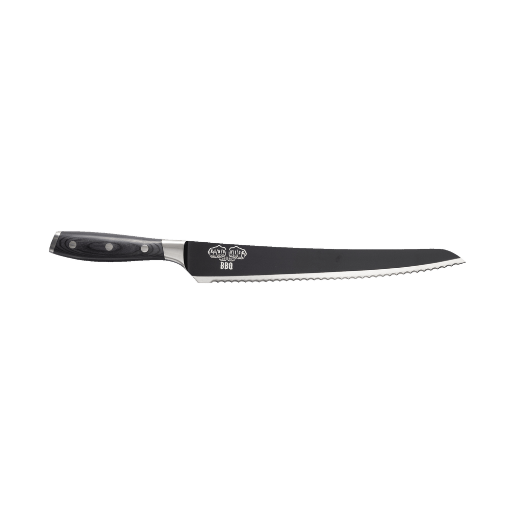 Messermeister Avanta Kendrick scalloped brisket BBQ knife backside showing Kendrick knuckles logo on black blade with silver edge and ebony pakkawood handle