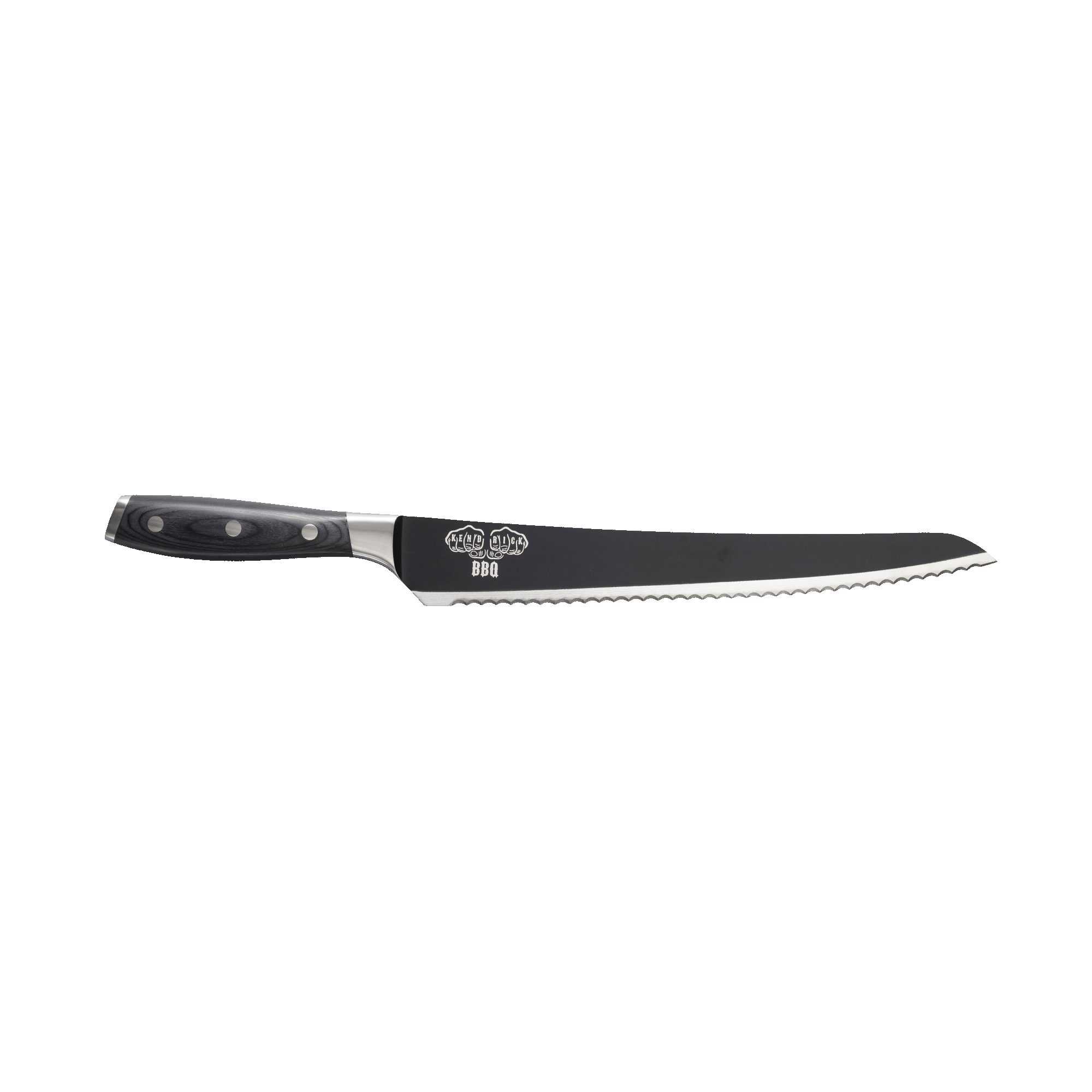 Messermeister Avanta Kendrick scalloped brisket BBQ knife backside showing Kendrick knuckles logo on black blade with silver edge and ebony pakkawood handle