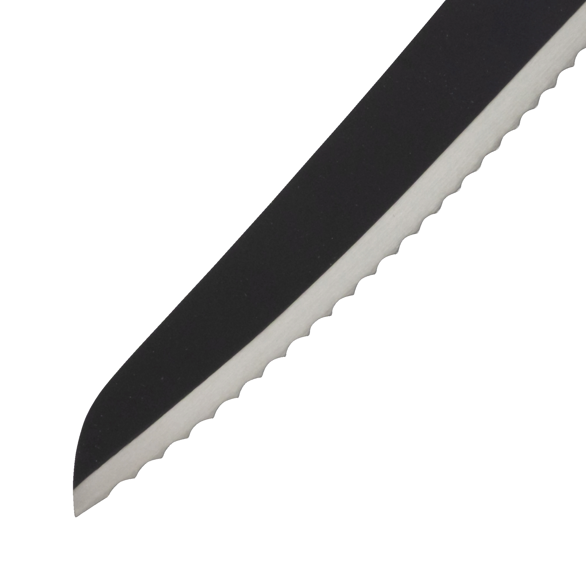 Close-up of Messermeister Avanta Kendrick scalloped brisket BBQ knife tip showcasing scalloped blade edge