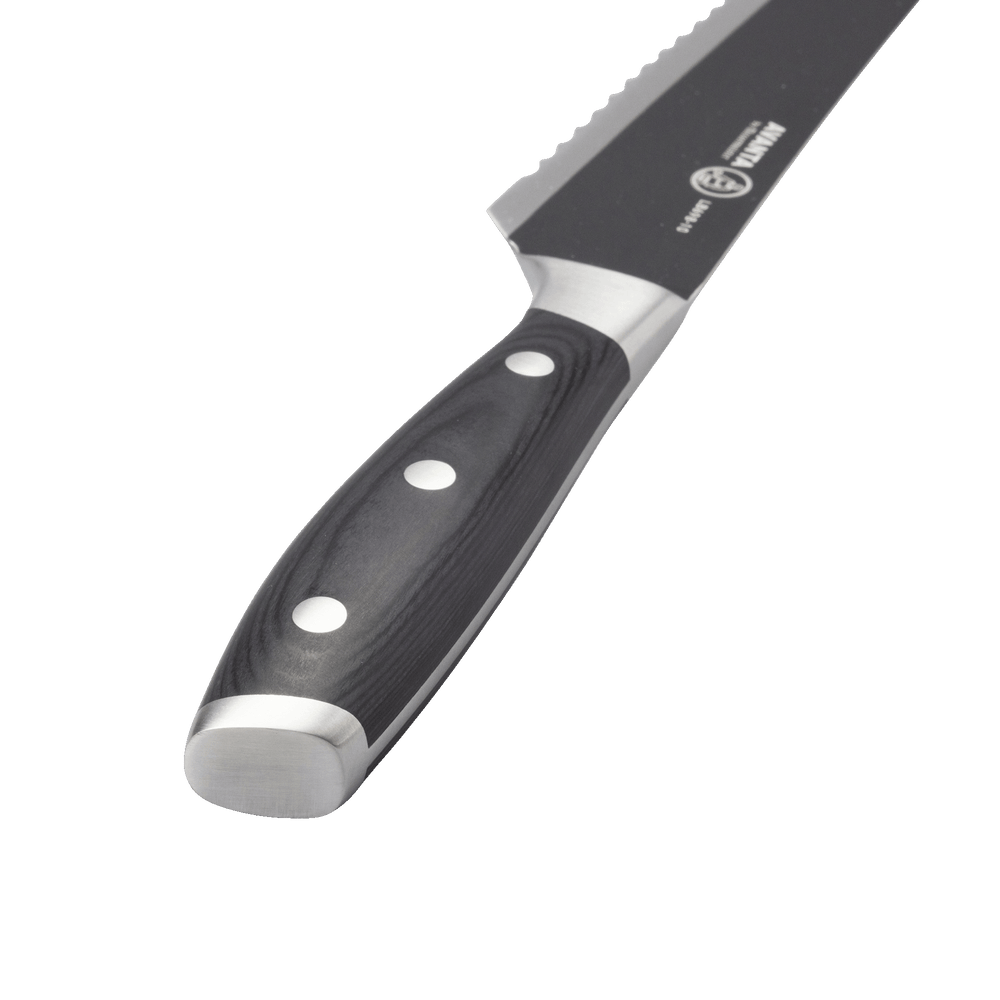 Messermeister Avanta Kendrick BBQ brisket knife handle close-up showing ebony pakkawood grain
