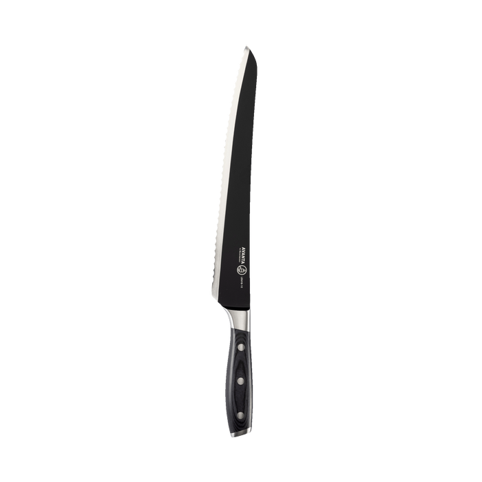 Messermeister Avanta Kendrick scalloped brisket BBQ knife with black blade, silver edge, and black ebony pakkawood handle