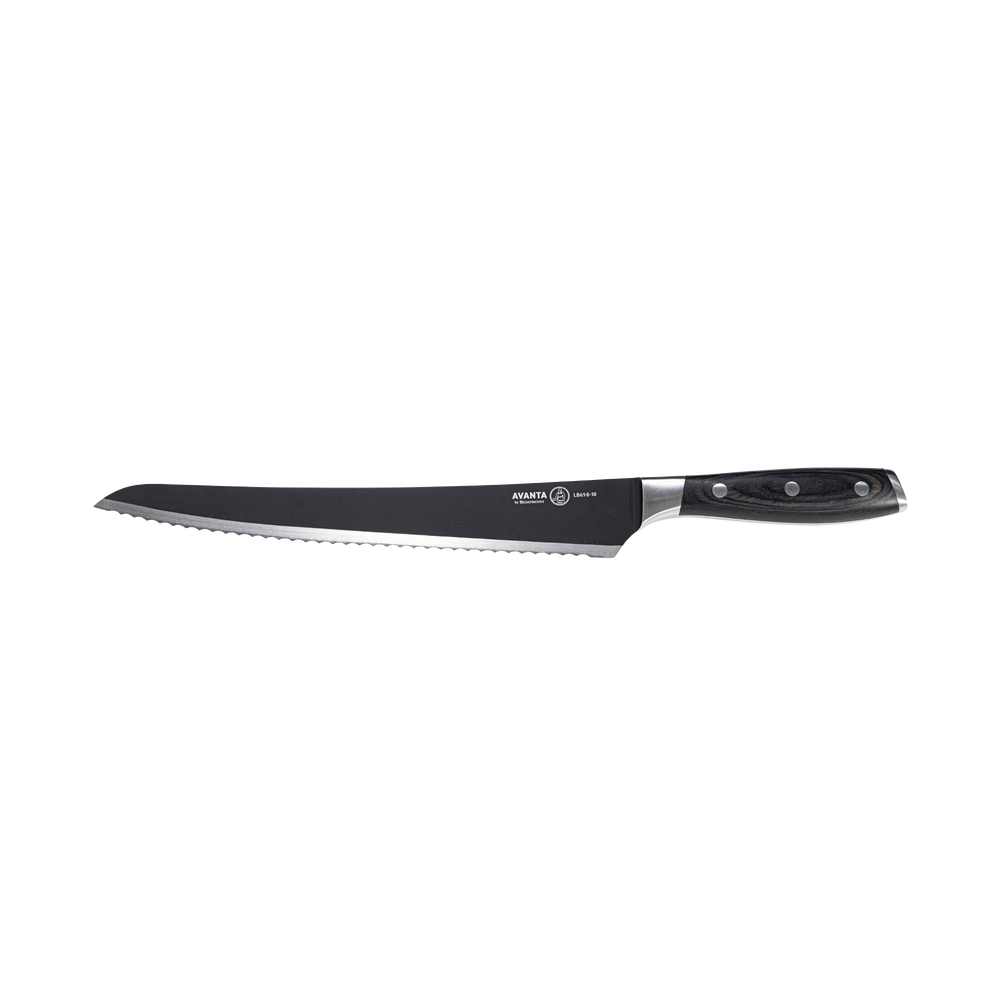 Messermeister Avanta Kendrick scalloped brisket BBQ knife front view with black blade, silver edge, and ebony pakkawood handle