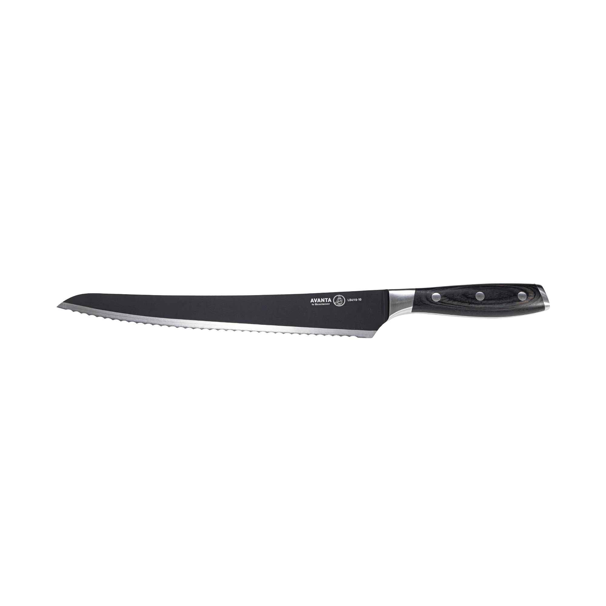 Messermeister Avanta Kendrick scalloped brisket BBQ knife front view with black blade, silver edge, and ebony pakkawood handle