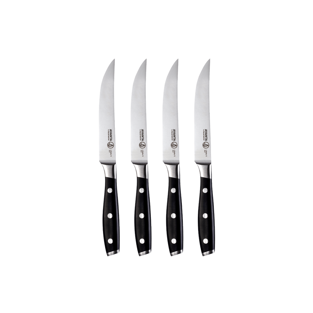 Messermeister Avanta 4-piece steak knife set with Black POM handles and stainless steel blades