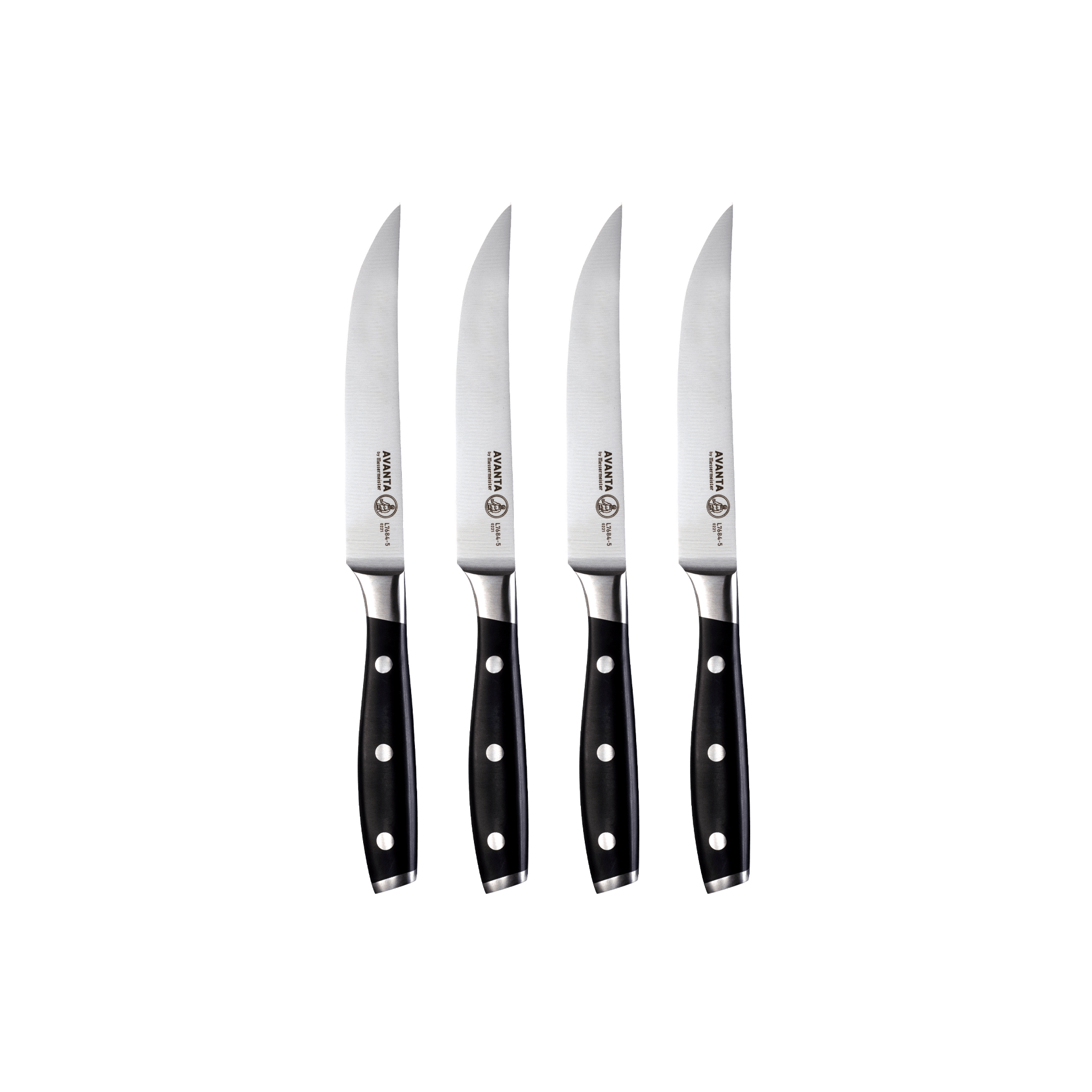 Messermeister Avanta 4-piece steak knife set with Black POM handles and stainless steel blades
