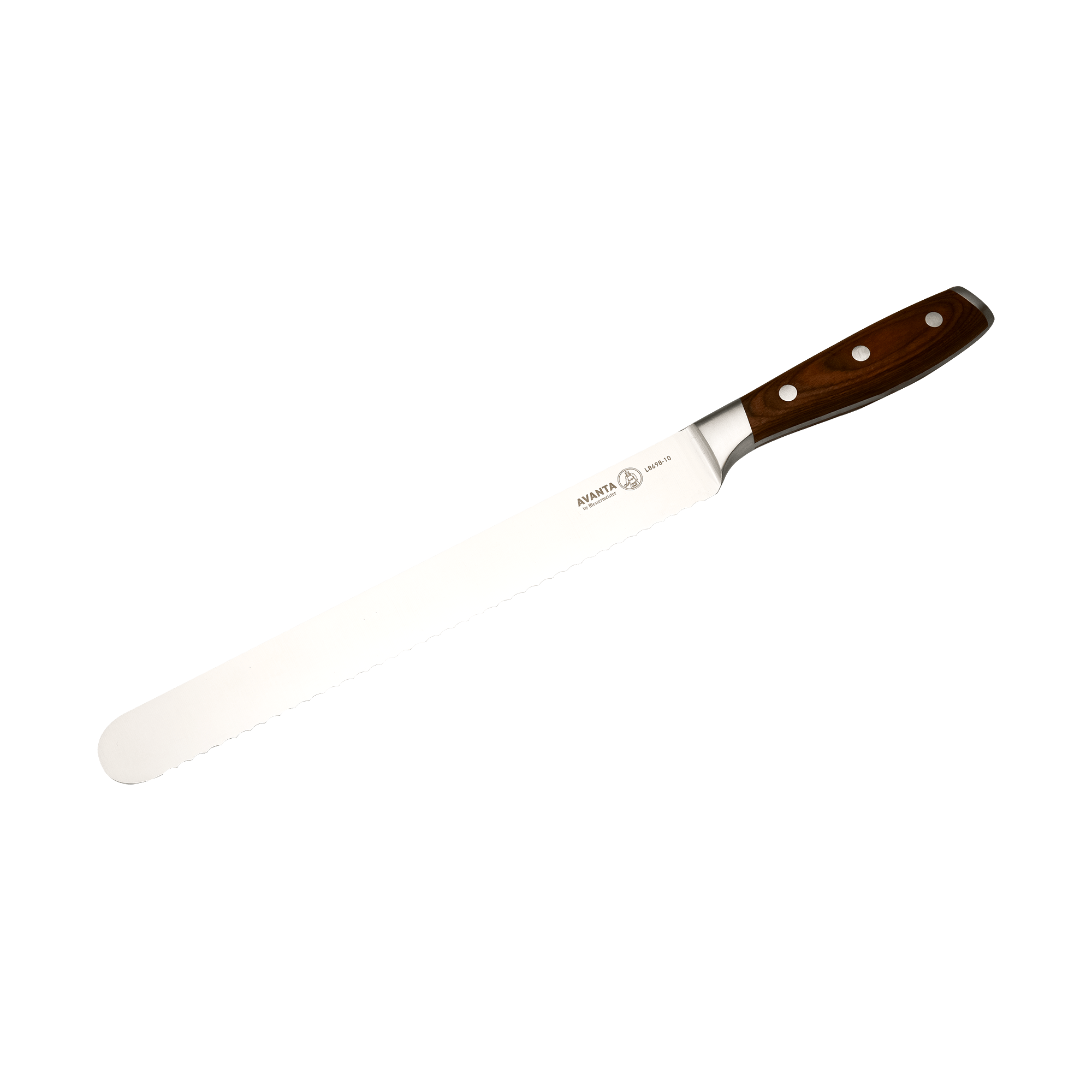 Downward angle view of Messermeister Avanta scalloped slicer showing blade edge and pakkawood handle