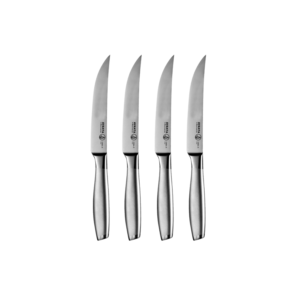 Messermeister Avanta stainless steel 4-piece steak knife set with sleek all-metal design