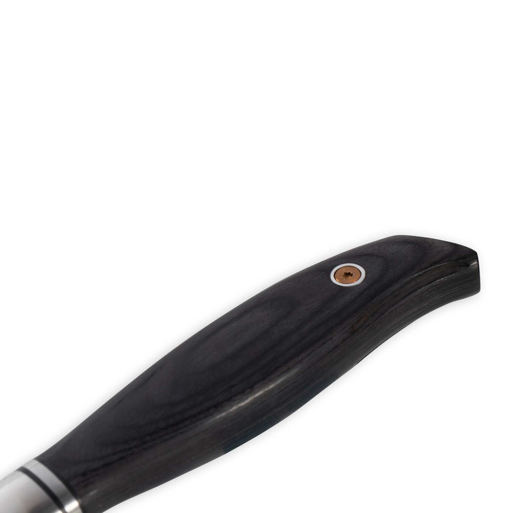Close-up of the Messermeister Blacksmith 8-Inch Chef’s Knife handle, featuring smooth ebony pakkawood with ergonomic contours, polished rivets, and handcrafted detailing for a secure, premium grip