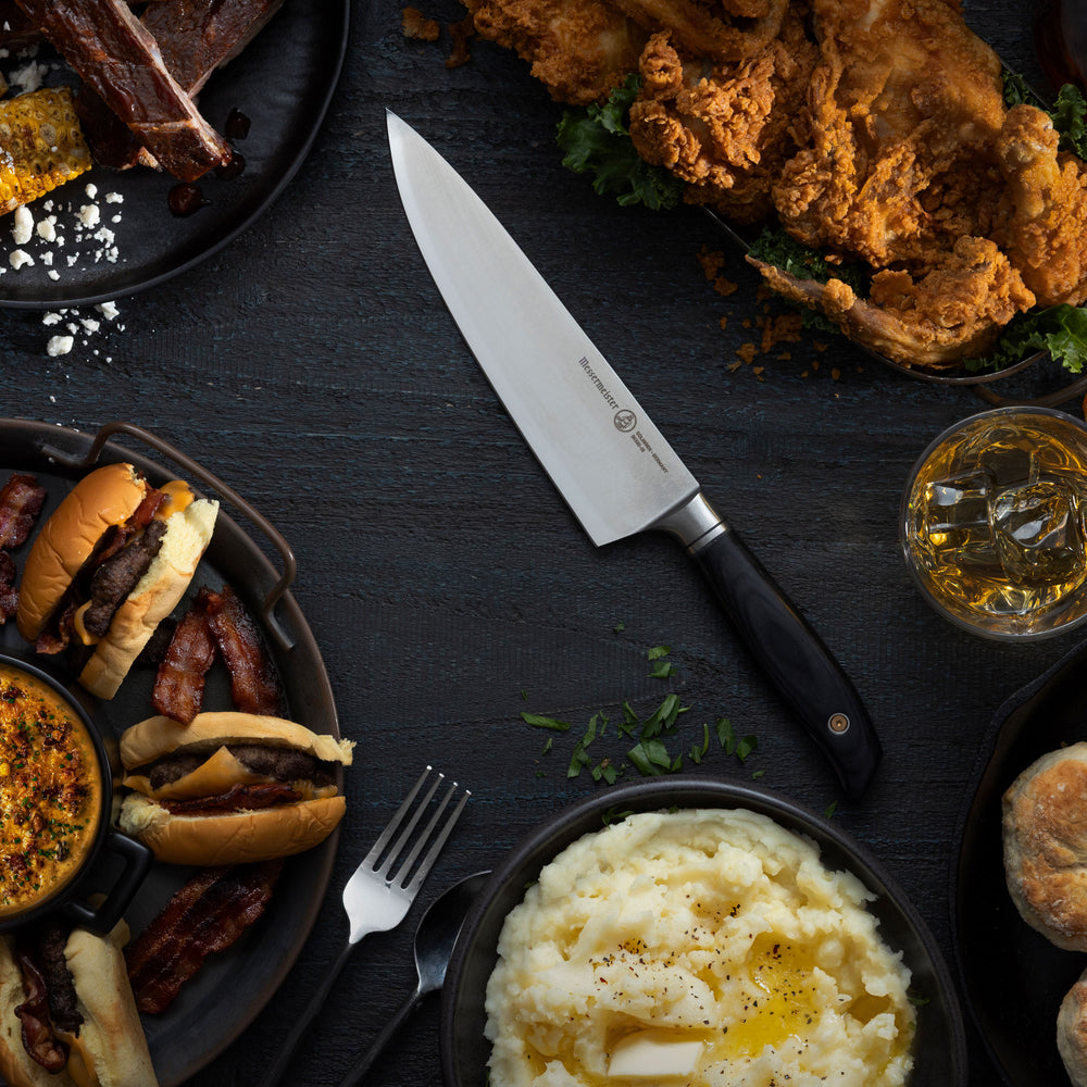 Messermeister Blacksmith Chef Knife with Dinner Setting for Father's Day, Fried Chicken, Mashed Potatoes, Bourbon, Burgers, Queso, Ribs