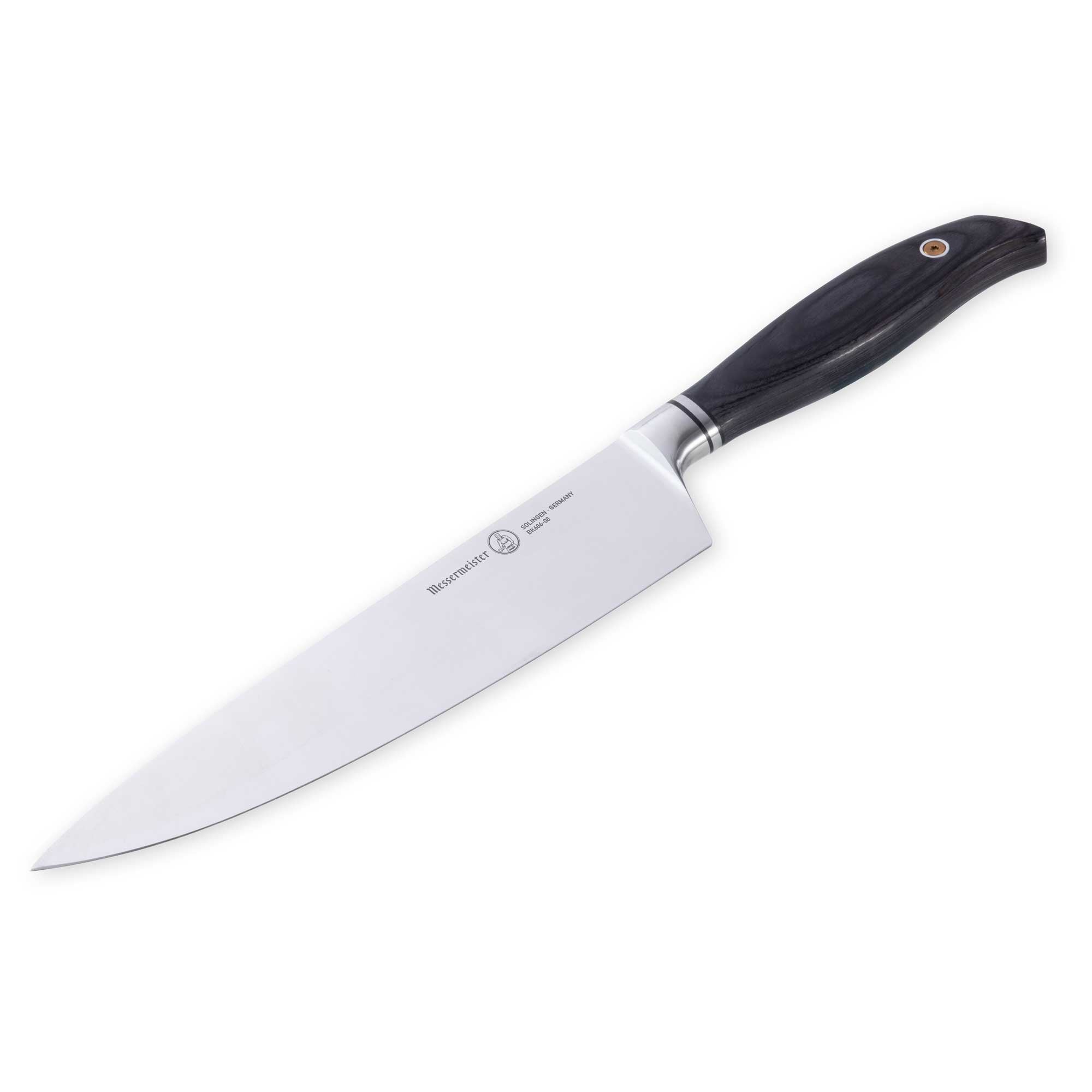 Messermeister Blacksmith 8-Inch Chef’s Knife with a hand-forged hammered steel blade and ebony pakkawood handle positioned at a downward angle, highlighting the razor-sharp edge