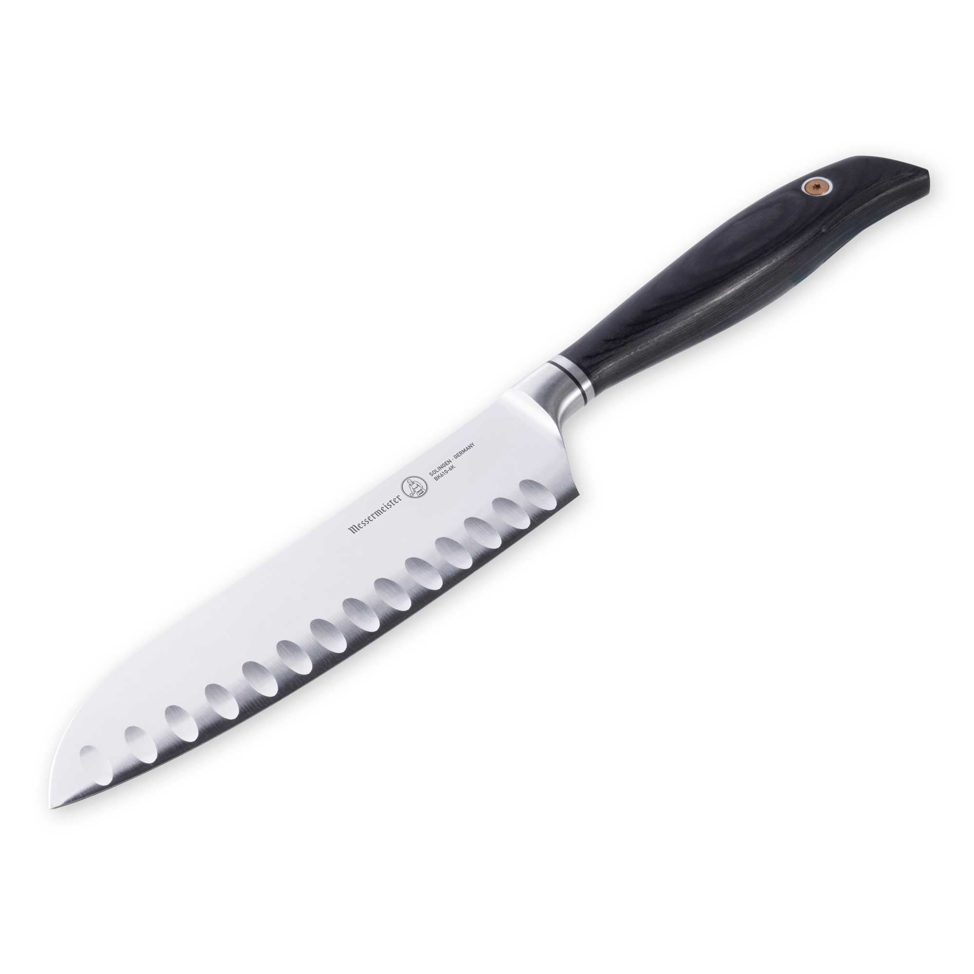 Messermeister Blacksmith 6.5-Inch Kullens Santoku Knife with a hammered high-carbon stainless steel blade and kullens granton edge, angled downward to showcase the razor-sharp cutting edge and ebony pakkawood handle