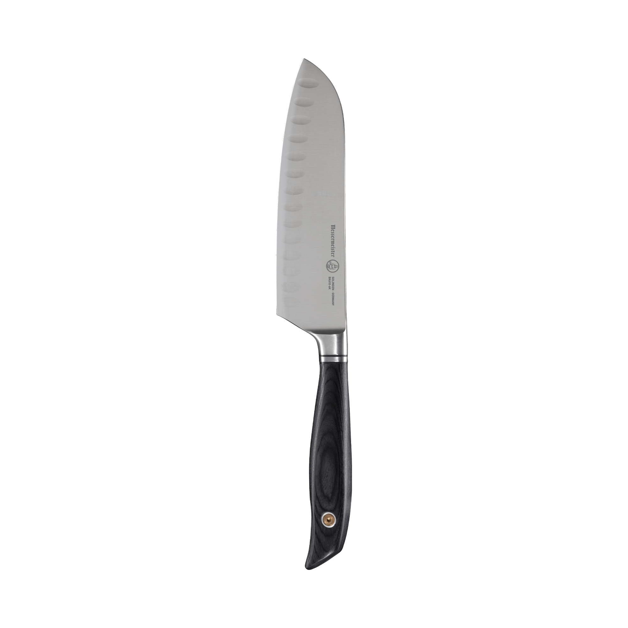 Messermeister Blacksmith 6.5-Inch Kullens Santoku Knife featuring a hand-forged high-carbon stainless steel blade with kullens granton indentations paired with an ergonomic ebony pakkawood handle