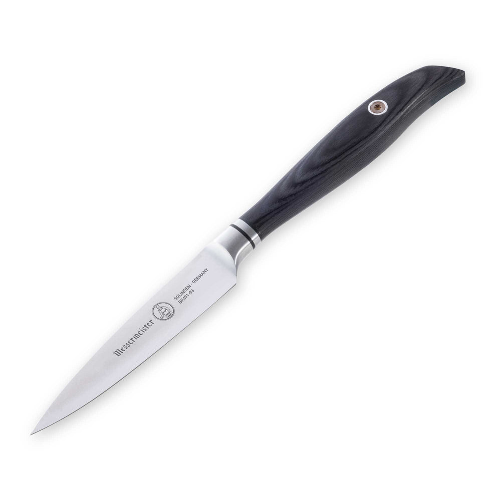 Messermeister Blacksmith 3.5-Inch Paring Knife with a hammered high-carbon stainless steel blade and ebony pakkawood handle, angled downward to highlight the compact precision blade and fine tip designed for detailed peeling and trimming work