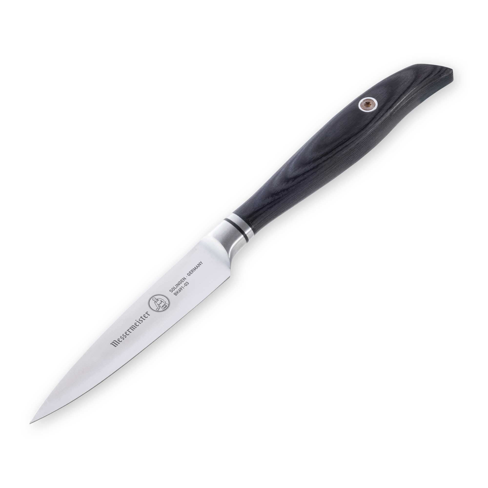 Messermeister Blacksmith 3.5-Inch Paring Knife with a hammered high-carbon stainless steel blade and ebony pakkawood handle, angled downward to highlight the compact precision blade and fine tip designed for detailed peeling and trimming work