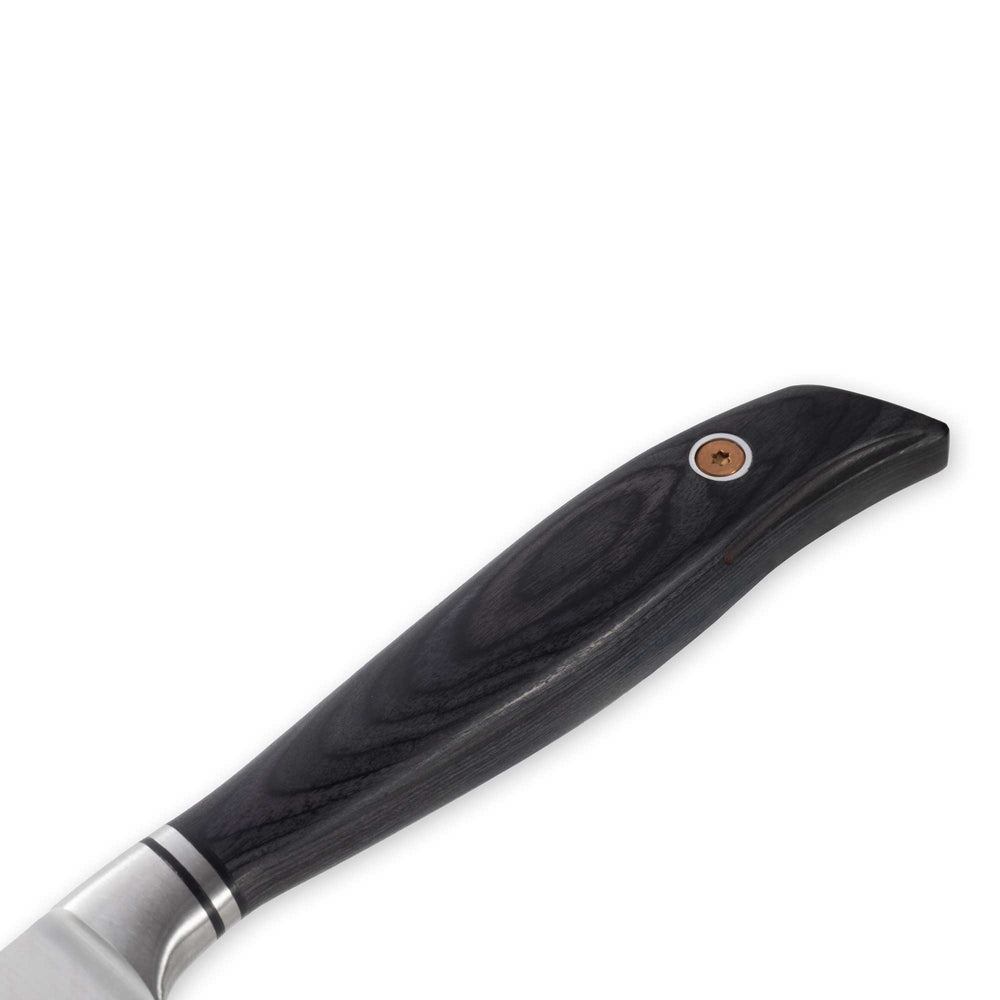 Messermeister Blacksmith Paring Knife - 3.5" with stainless steel blade and ebony pakkawood handle close up on handle on a white background