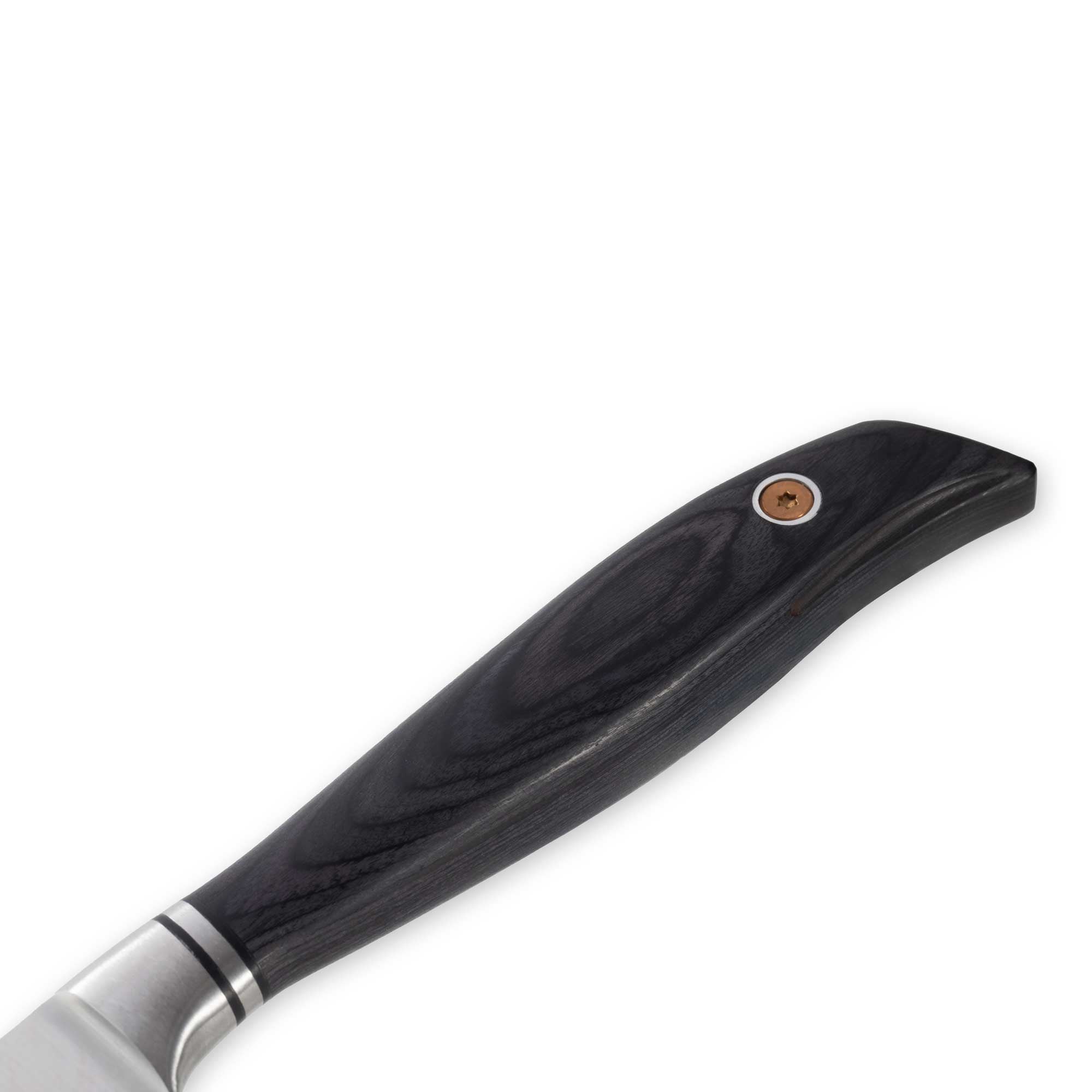 Messermeister Blacksmith Paring Knife - 3.5" with stainless steel blade and ebony pakkawood handle close up on handle on a white background