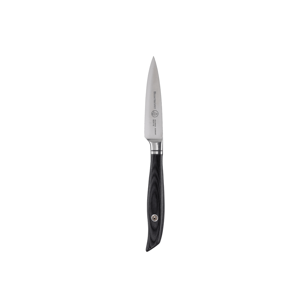Messermeister Blacksmith 3.5-Inch Paring Knife featuring a compact high-carbon stainless steel blade with a hammered blacksmith finish and a precision tip, paired with a smooth ebony pakkawood handle for controlled peeling and detailed prep work