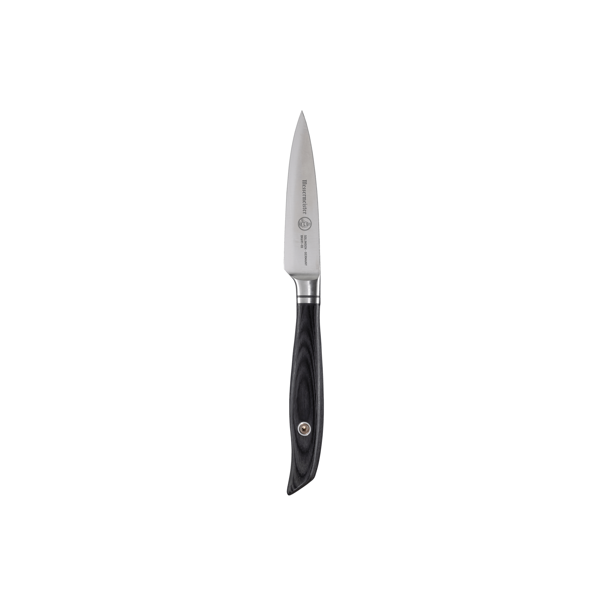 Messermeister Blacksmith 3.5-Inch Paring Knife featuring a compact high-carbon stainless steel blade with a hammered blacksmith finish and a precision tip, paired with a smooth ebony pakkawood handle for controlled peeling and detailed prep work