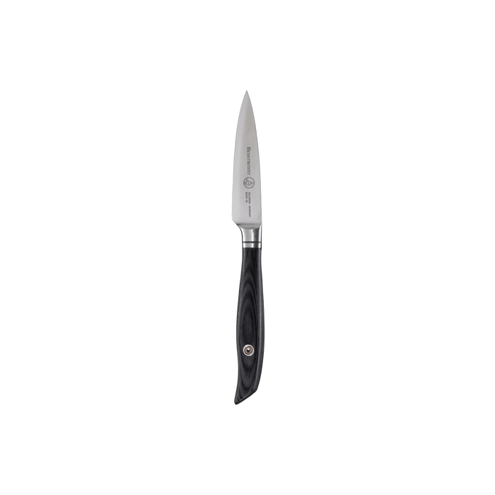Messermeister Blacksmith 3.5-Inch Paring Knife featuring a compact high-carbon stainless steel blade with a hammered blacksmith finish and a precision tip, paired with a smooth ebony pakkawood handle for controlled peeling and detailed prep work