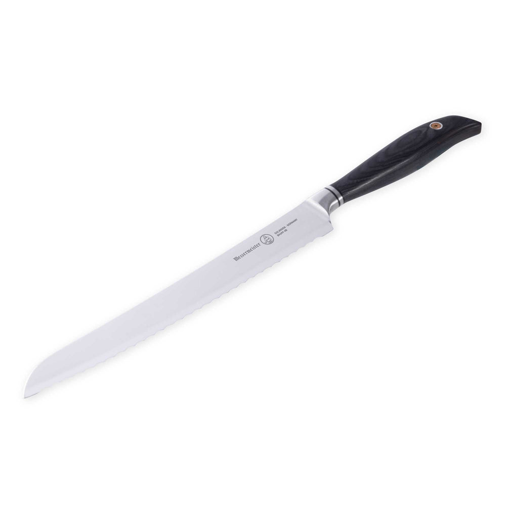 Messermeister Blacksmith Scalloped Slicing Knife 8.5 inch with stainless steel blade and ebony pakkawood handle angled down 