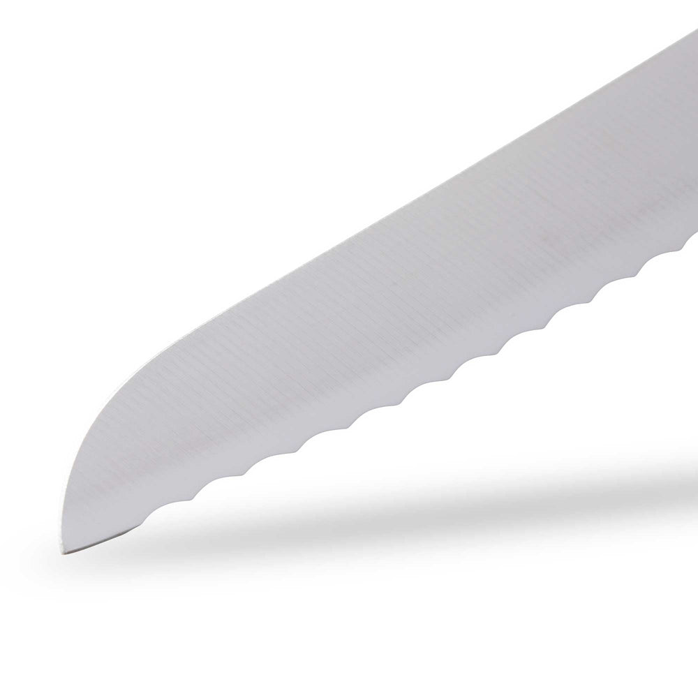 Messermeister Blacksmith Scalloped Slicing Knife 8.5 inch with stainless steel blade and ebony pakkawood handle close up on tip 