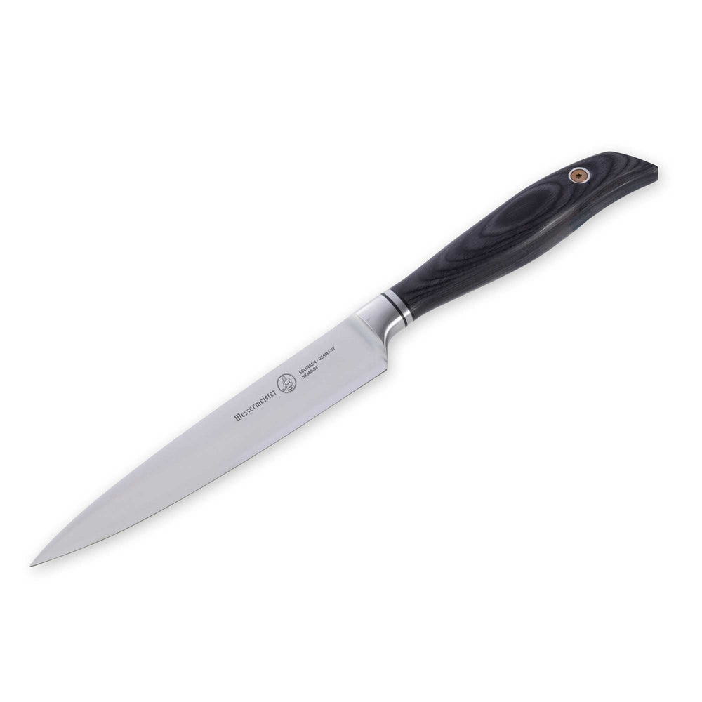 Messermeister Blacksmith 6-Inch Utility Knife with a hammered high-carbon stainless steel blade and ebony pakkawood handle, angled downward to emphasize the versatile mid-size blade profile and precision cutting edge for everyday kitchen prep