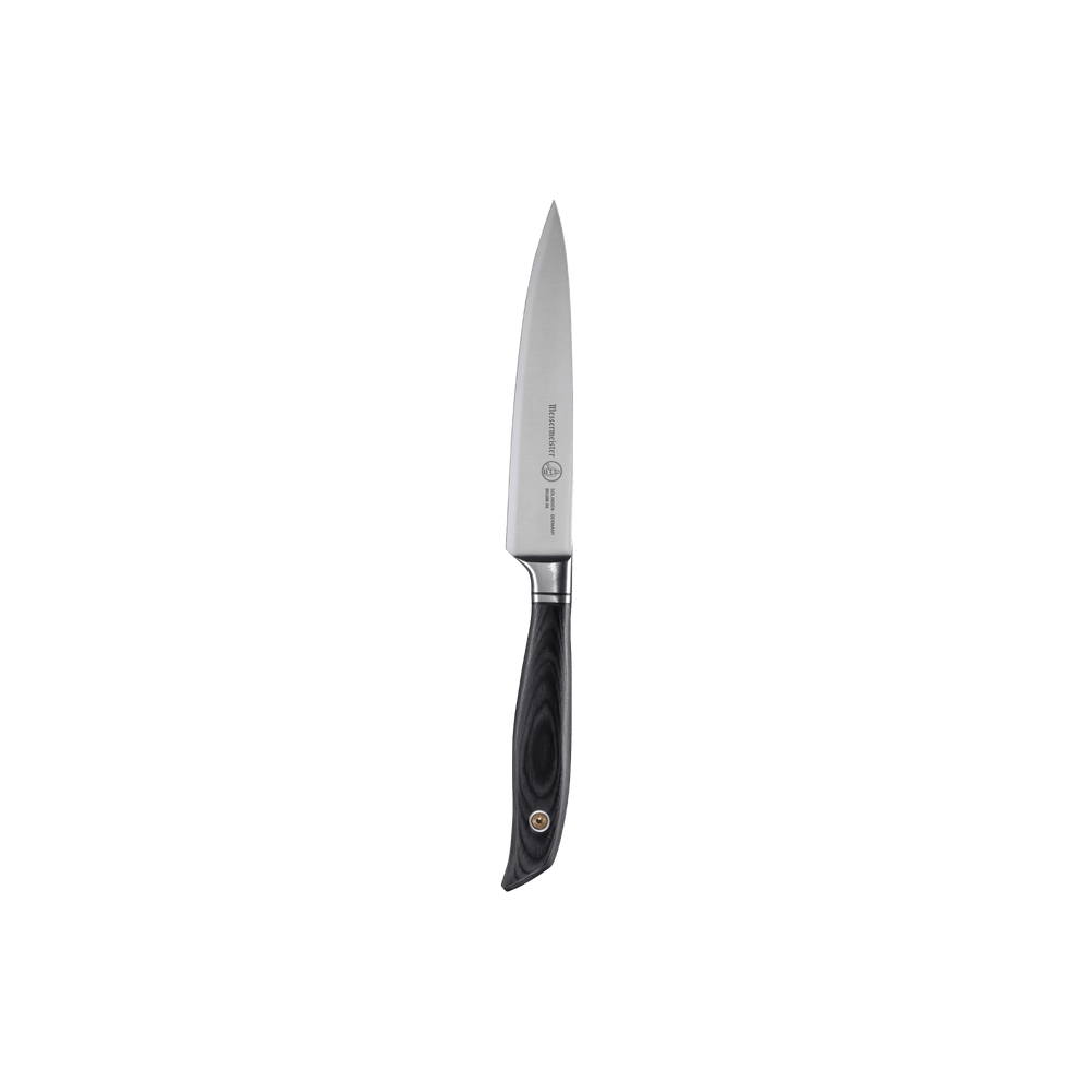 Messermeister Blacksmith 6-Inch Utility Knife featuring a versatile high-carbon stainless steel blade with a hammered blacksmith finish and sharp tapered edge, paired with an ergonomic ebony pakkawood handle designed for balanced control and everyday kitchen tasks