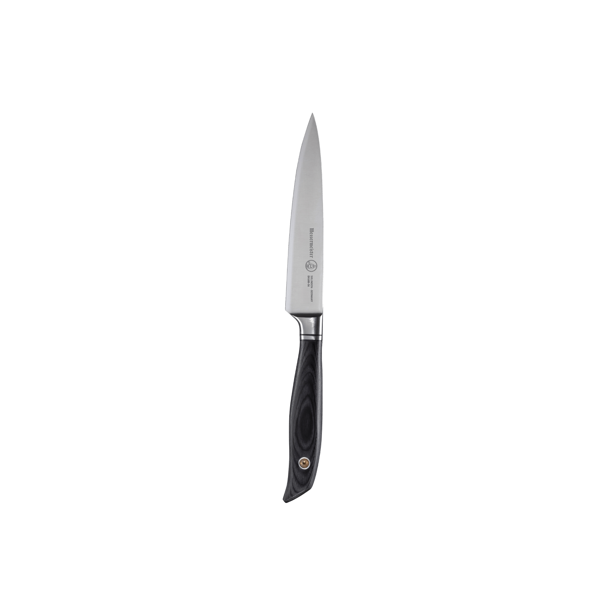 Messermeister Blacksmith 6-Inch Utility Knife featuring a versatile high-carbon stainless steel blade with a hammered blacksmith finish and sharp tapered edge, paired with an ergonomic ebony pakkawood handle designed for balanced control and everyday kitchen tasks